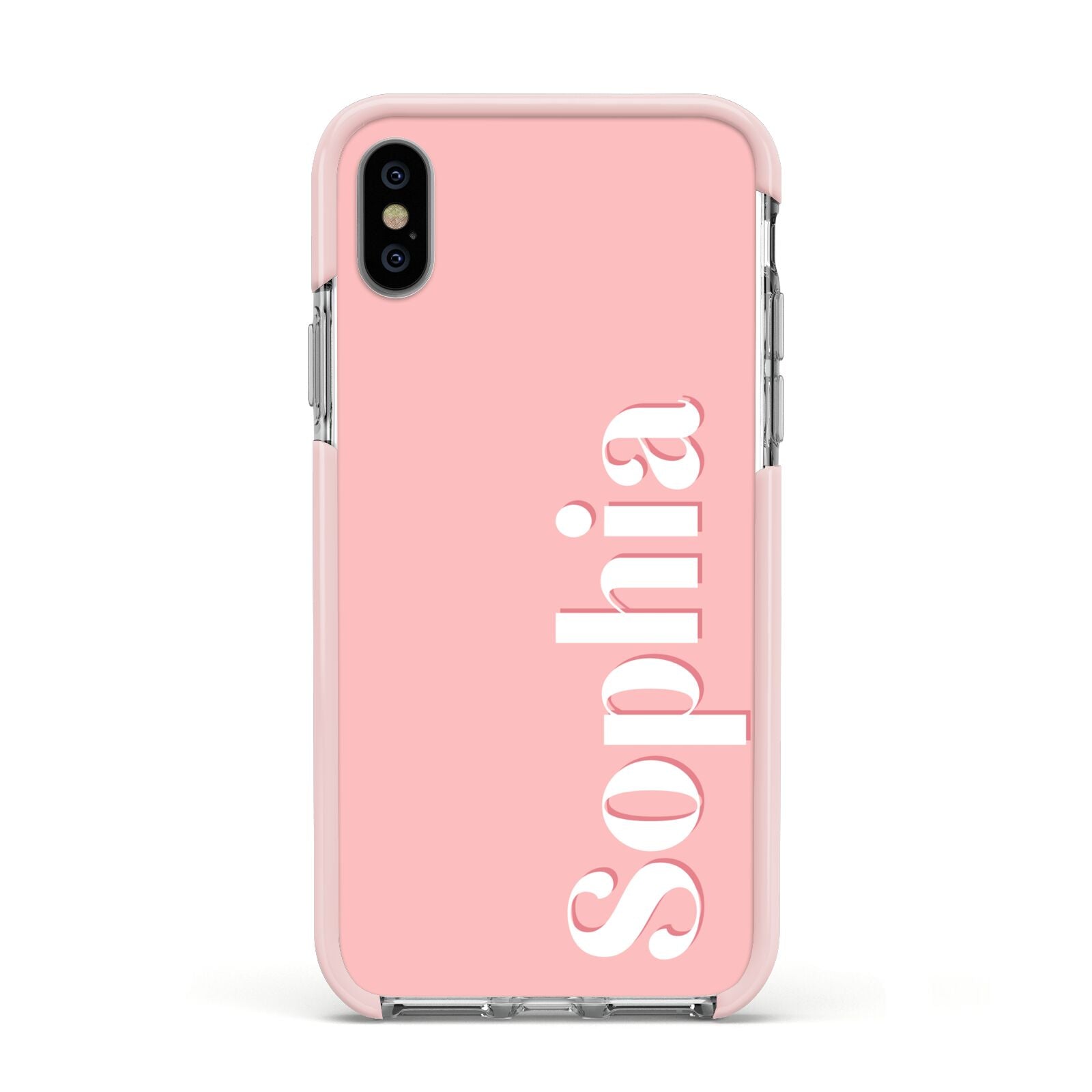 Personalised Pink Text Apple iPhone Xs Impact Case Pink Edge on Silver Phone