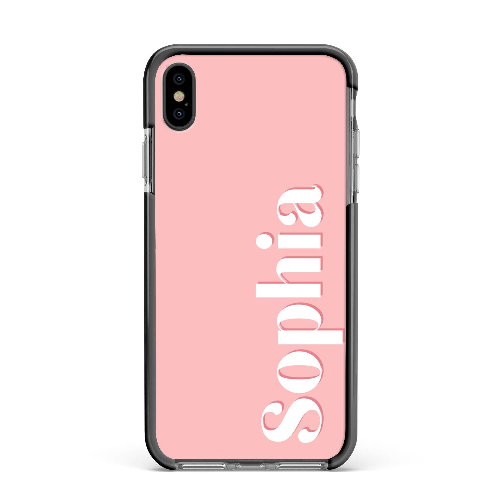 Personalised Pink Text Apple iPhone Xs Max Impact Case Black Edge on Black Phone