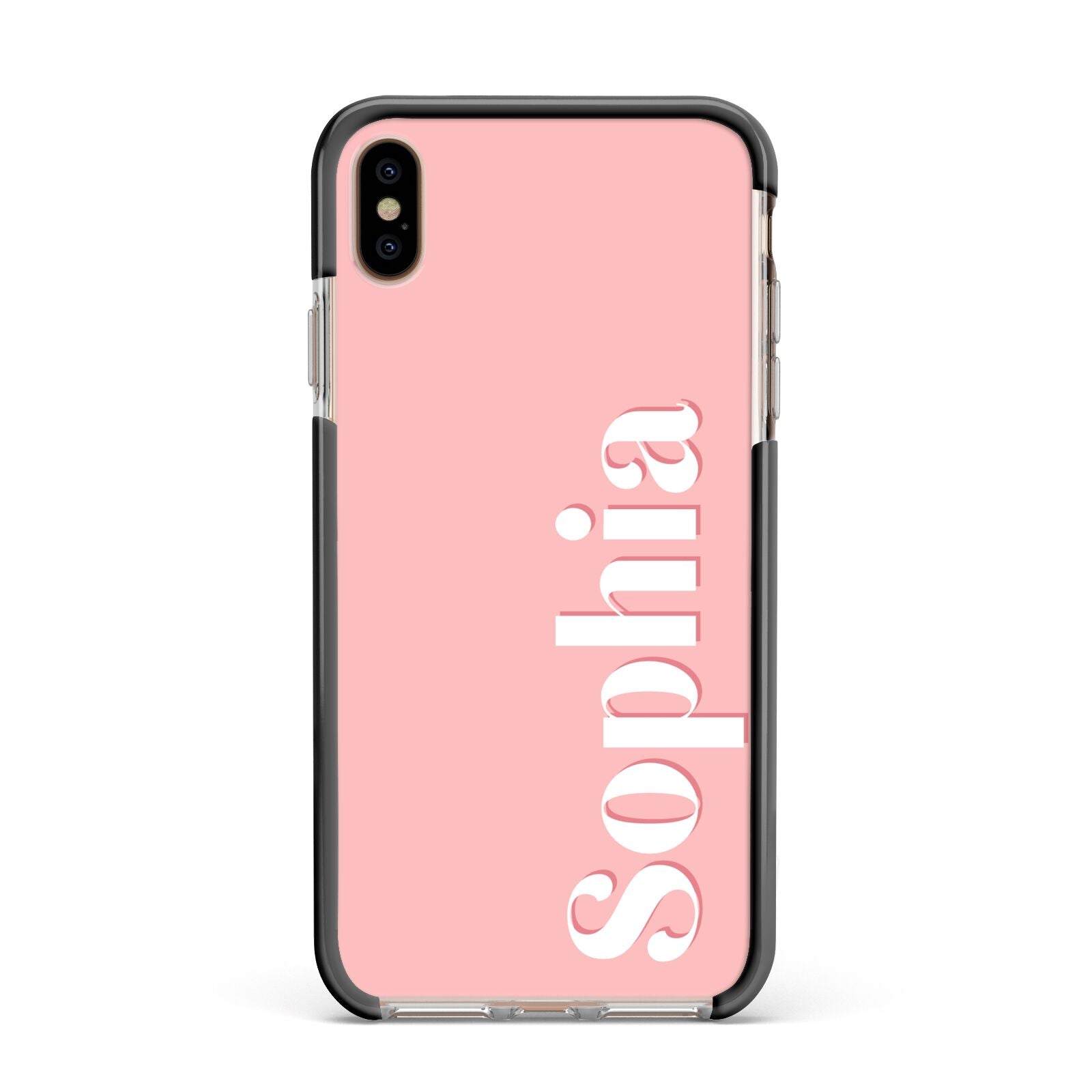 Personalised Pink Text Apple iPhone Xs Max Impact Case Black Edge on Gold Phone