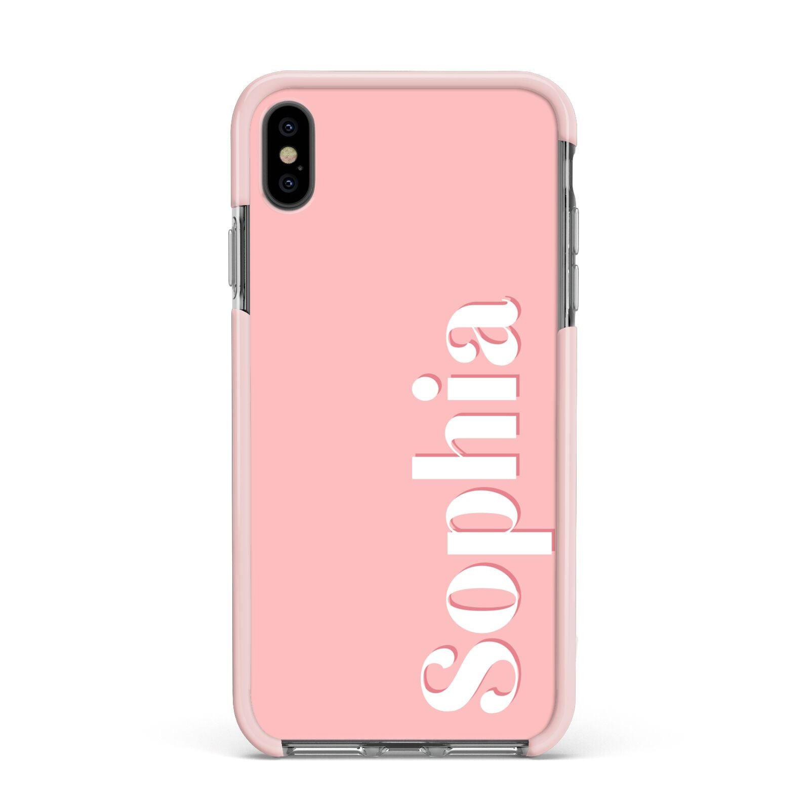 Personalised Pink Text Apple iPhone Xs Max Impact Case Pink Edge on Black Phone
