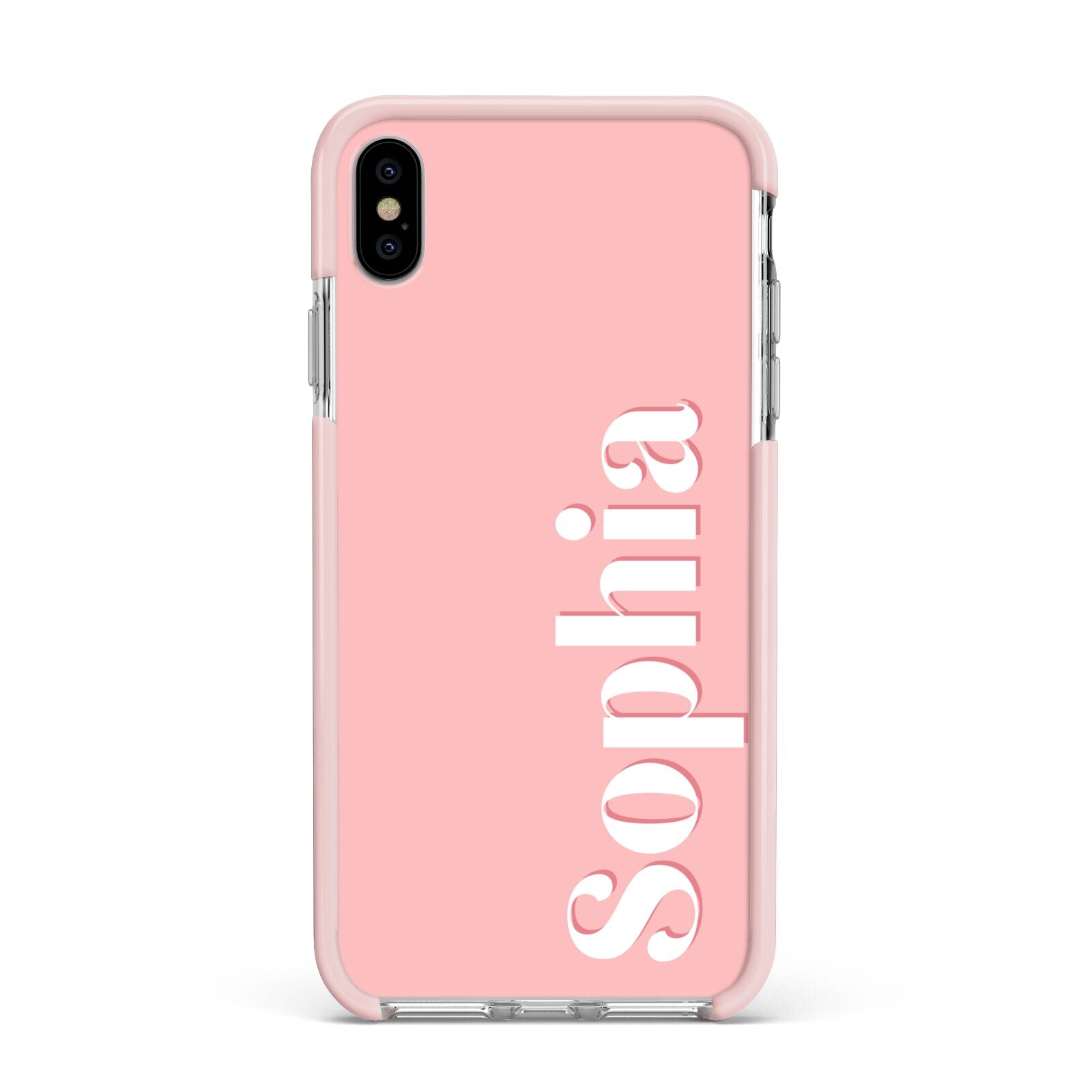 Personalised Pink Text Apple iPhone Xs Max Impact Case Pink Edge on Silver Phone