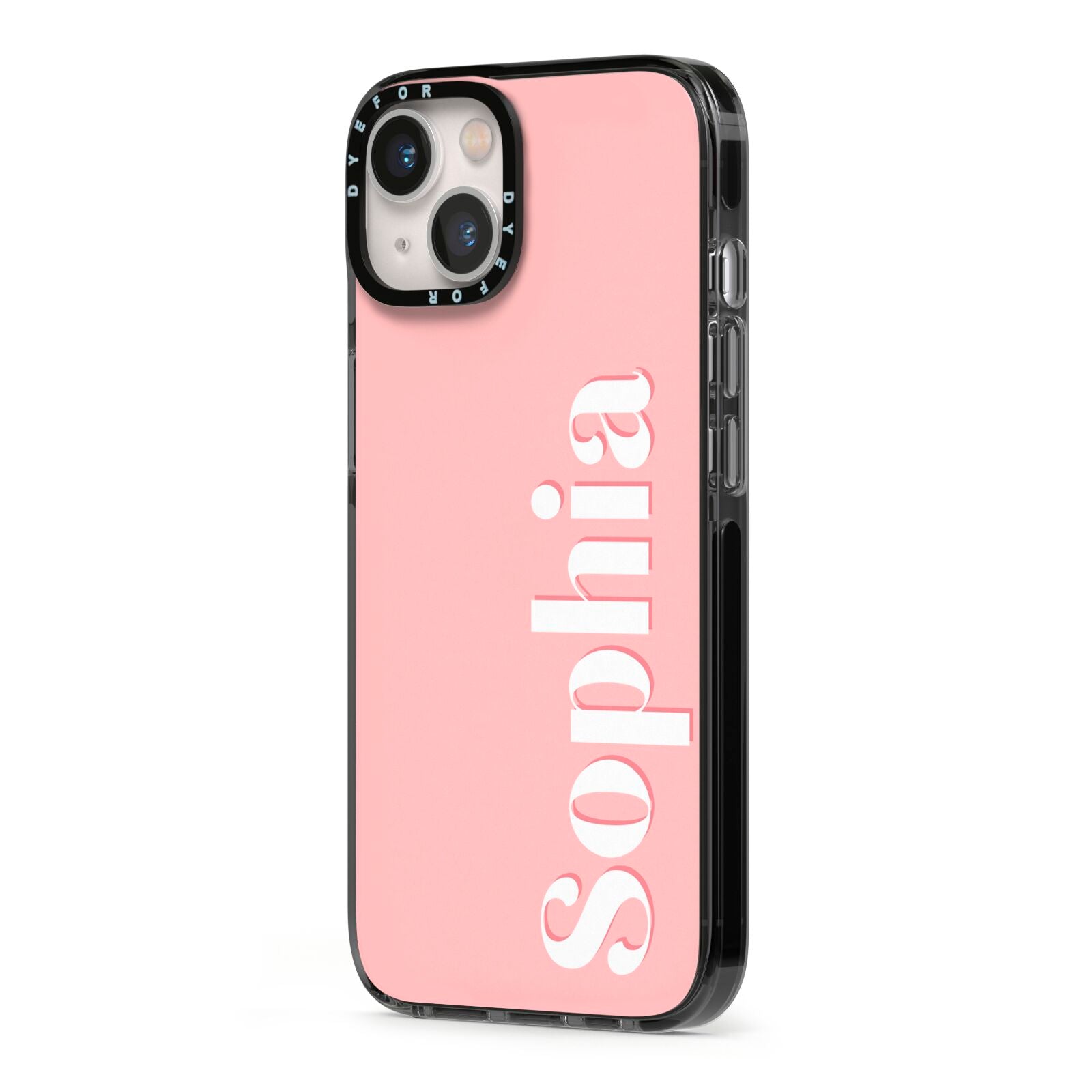Personalised Pink Text iPhone 13 Black Impact Case Side Angle on Silver phone