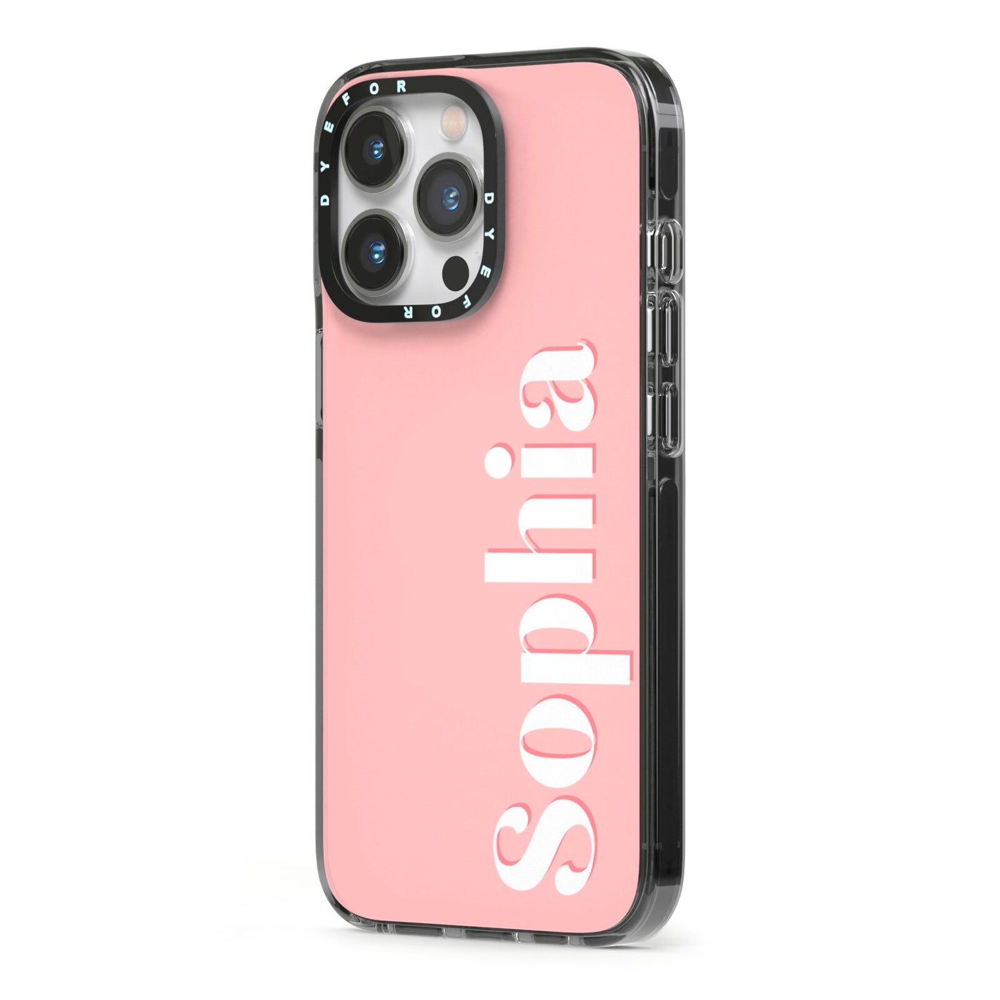 Personalised Pink Text iPhone 13 Pro Black Impact Case Side Angle on Silver phone