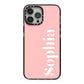 Personalised Pink Text iPhone 13 Pro Max Black Impact Case on Silver phone