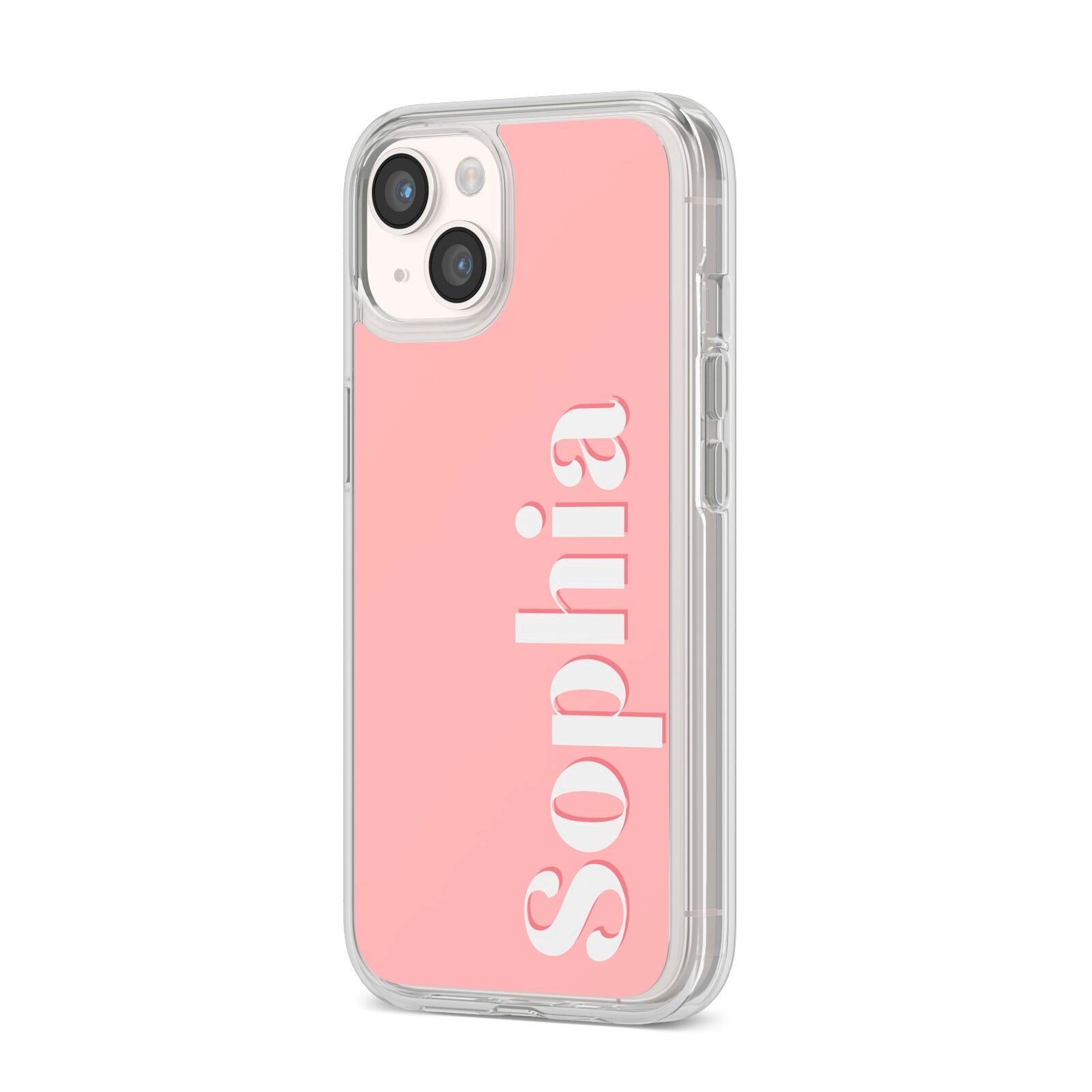 Personalised Pink Text iPhone 14 Clear Tough Case Starlight Angled Image