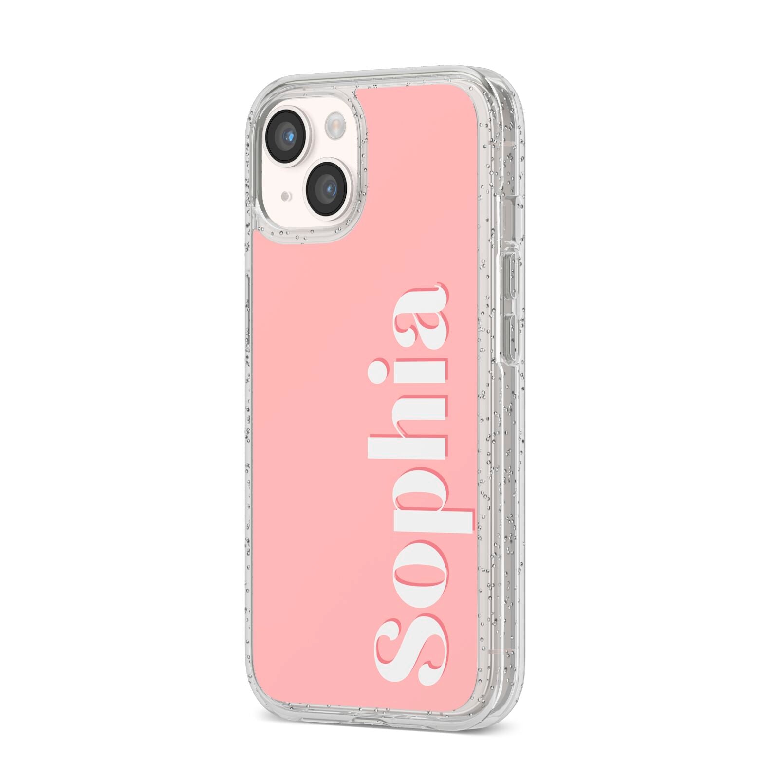Personalised Pink Text iPhone 14 Glitter Tough Case Starlight Angled Image