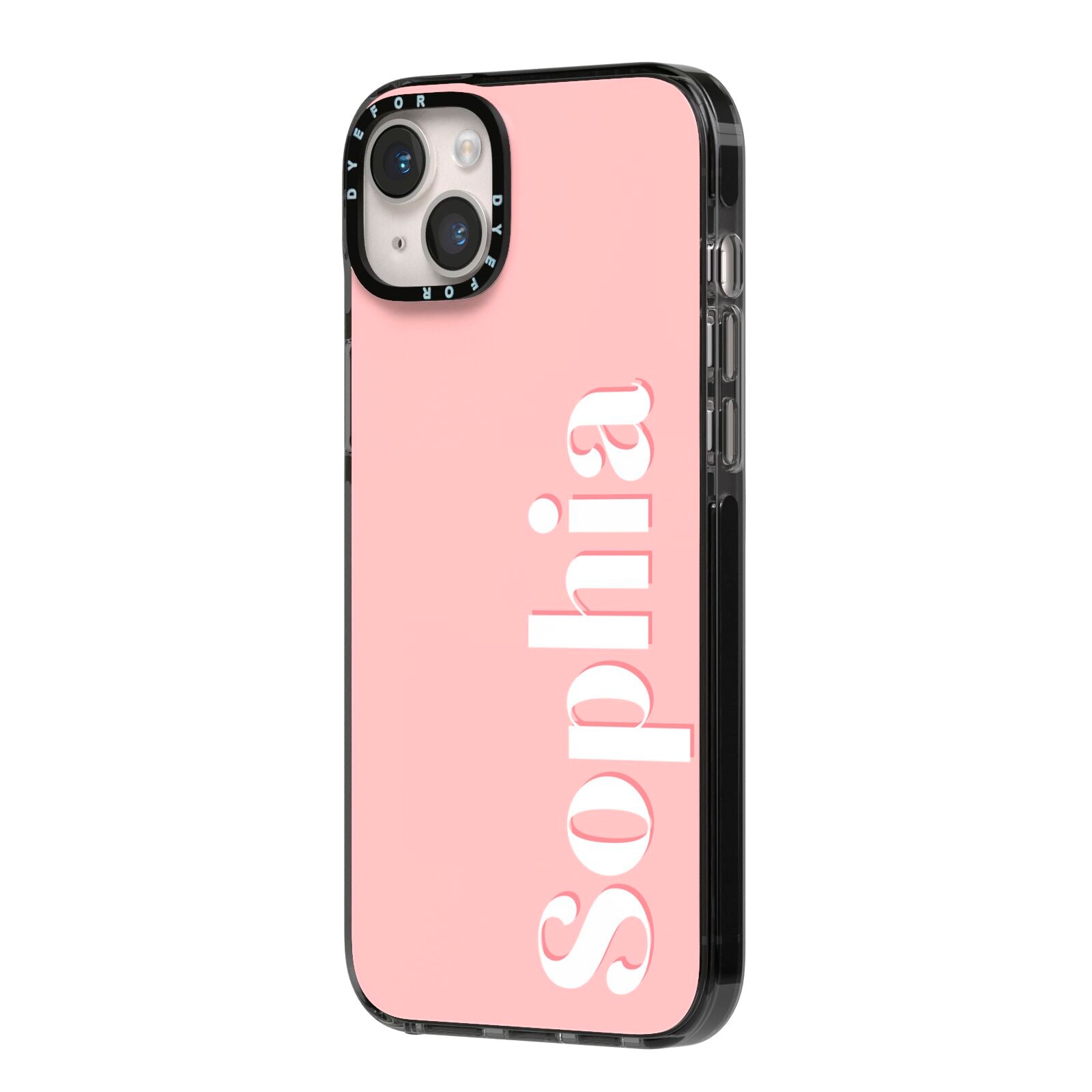 Personalised Pink Text iPhone 14 Plus Black Impact Case Side Angle on Silver phone
