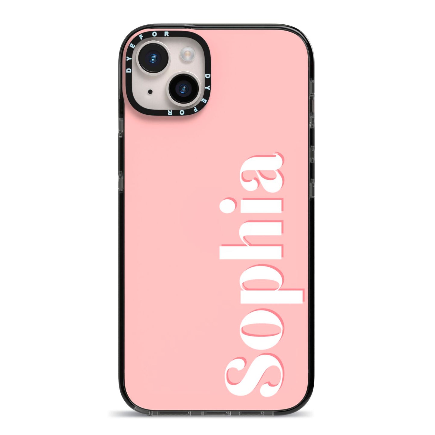 Personalised Pink Text iPhone 14 Plus Black Impact Case on Silver phone