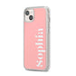 Personalised Pink Text iPhone 14 Plus Clear Tough Case Starlight Angled Image