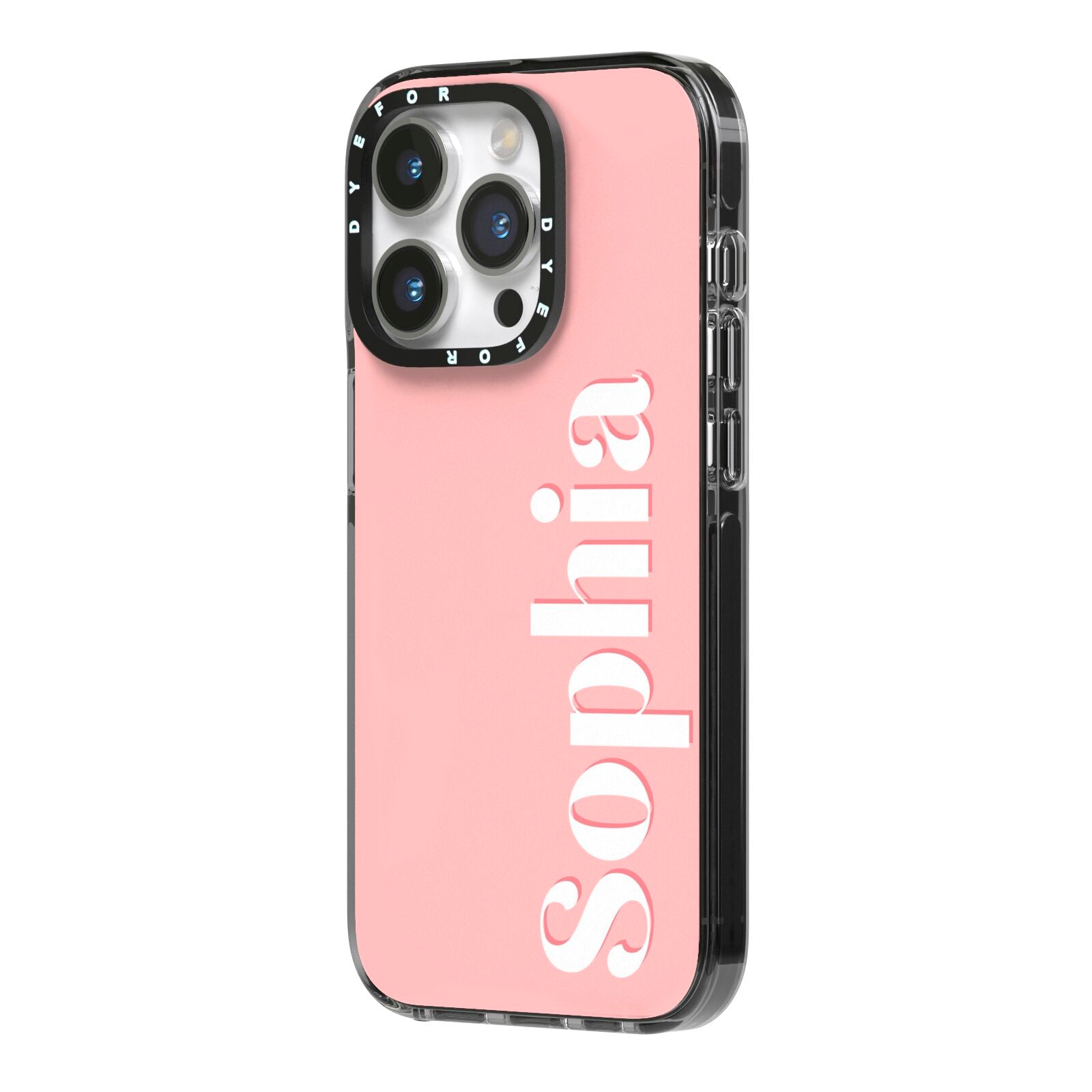 Personalised Pink Text iPhone 14 Pro Black Impact Case Side Angle on Silver phone