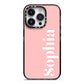 Personalised Pink Text iPhone 14 Pro Black Impact Case on Silver phone