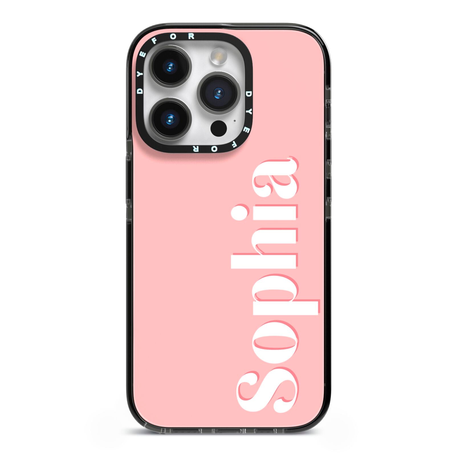 Personalised Pink Text iPhone 14 Pro Black Impact Case on Silver phone