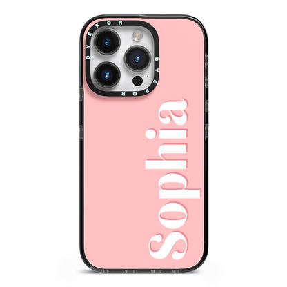 Personalised Pink Text iPhone 14 Pro Black Impact Case on Silver phone
