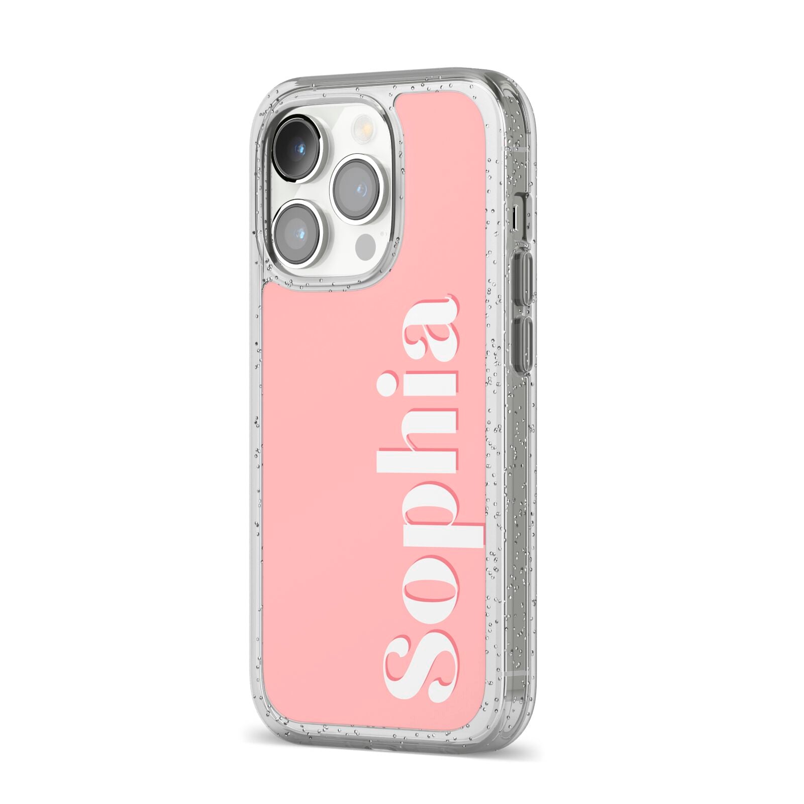 Personalised Pink Text iPhone 14 Pro Glitter Tough Case Silver Angled Image