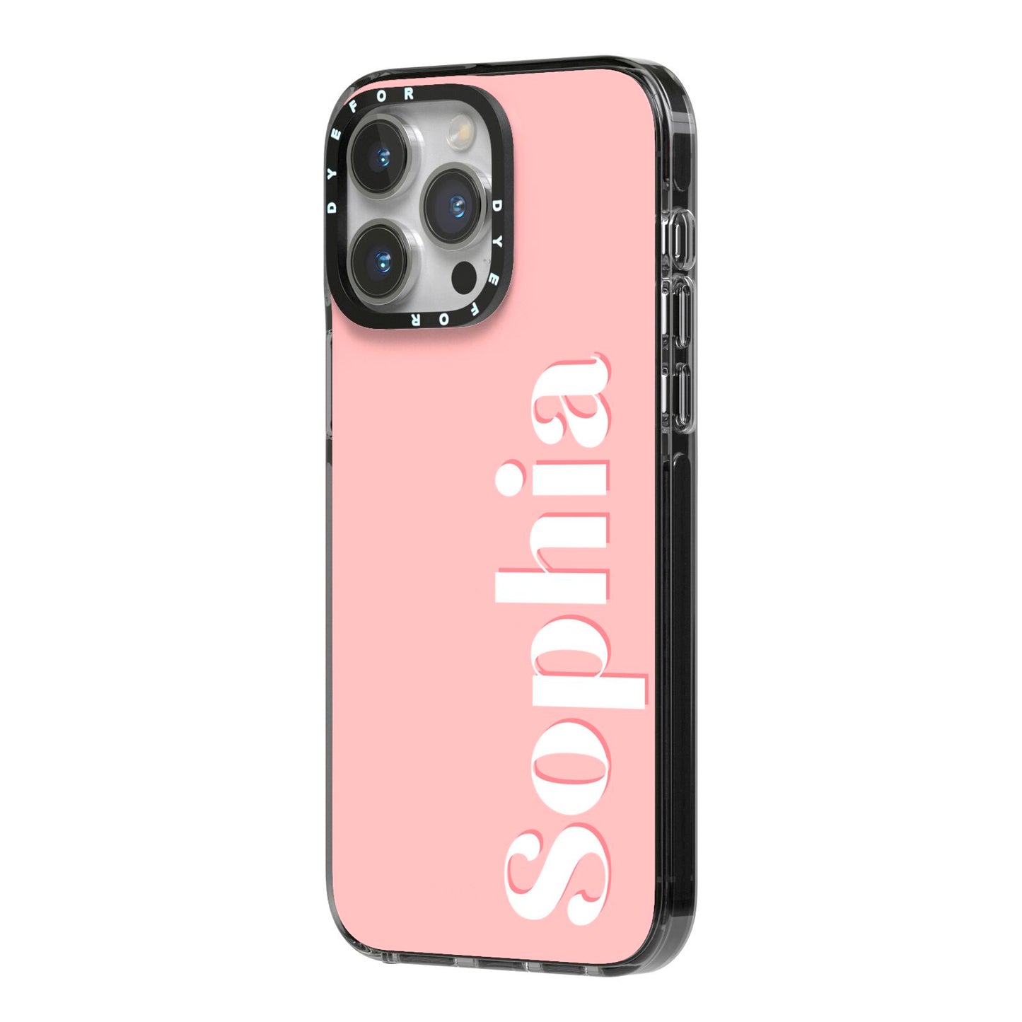 Personalised Pink Text iPhone 14 Pro Max Black Impact Case Side Angle on Silver phone
