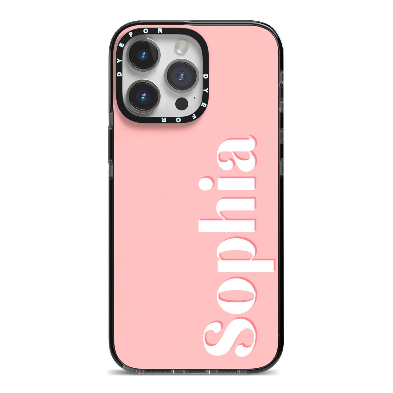 Personalised Pink Text iPhone 14 Pro Max Black Impact Case on Silver phone