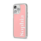 Personalised Pink Text iPhone 14 Pro Max Clear Tough Case Silver Angled Image