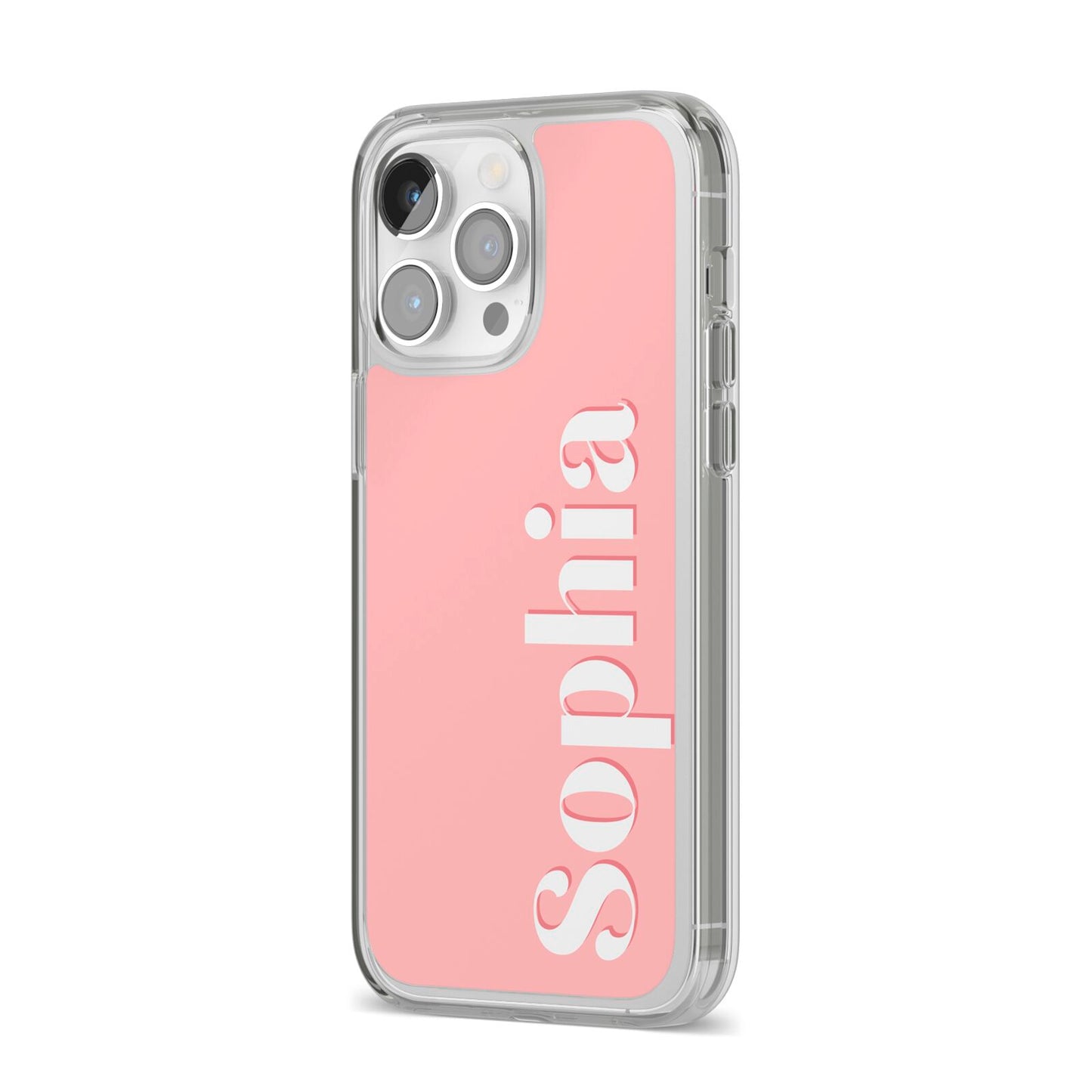 Personalised Pink Text iPhone 14 Pro Max Clear Tough Case Silver Angled Image
