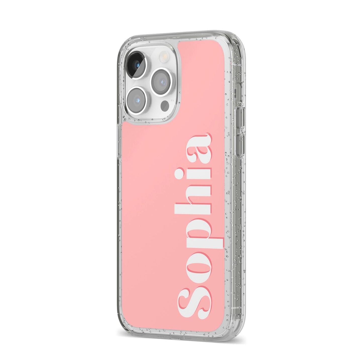 Personalised Pink Text iPhone 14 Pro Max Glitter Tough Case Silver Angled Image