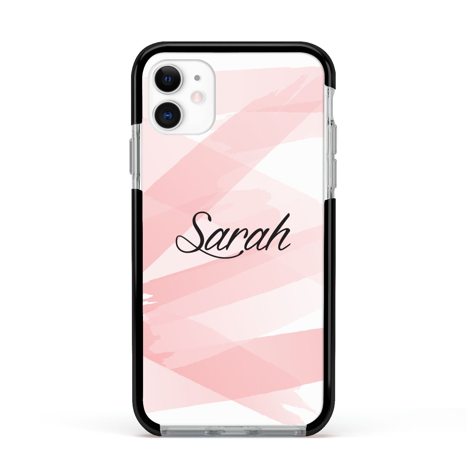Personalised Pink Watercolour Name Apple iPhone 11 in White with Black Impact Case