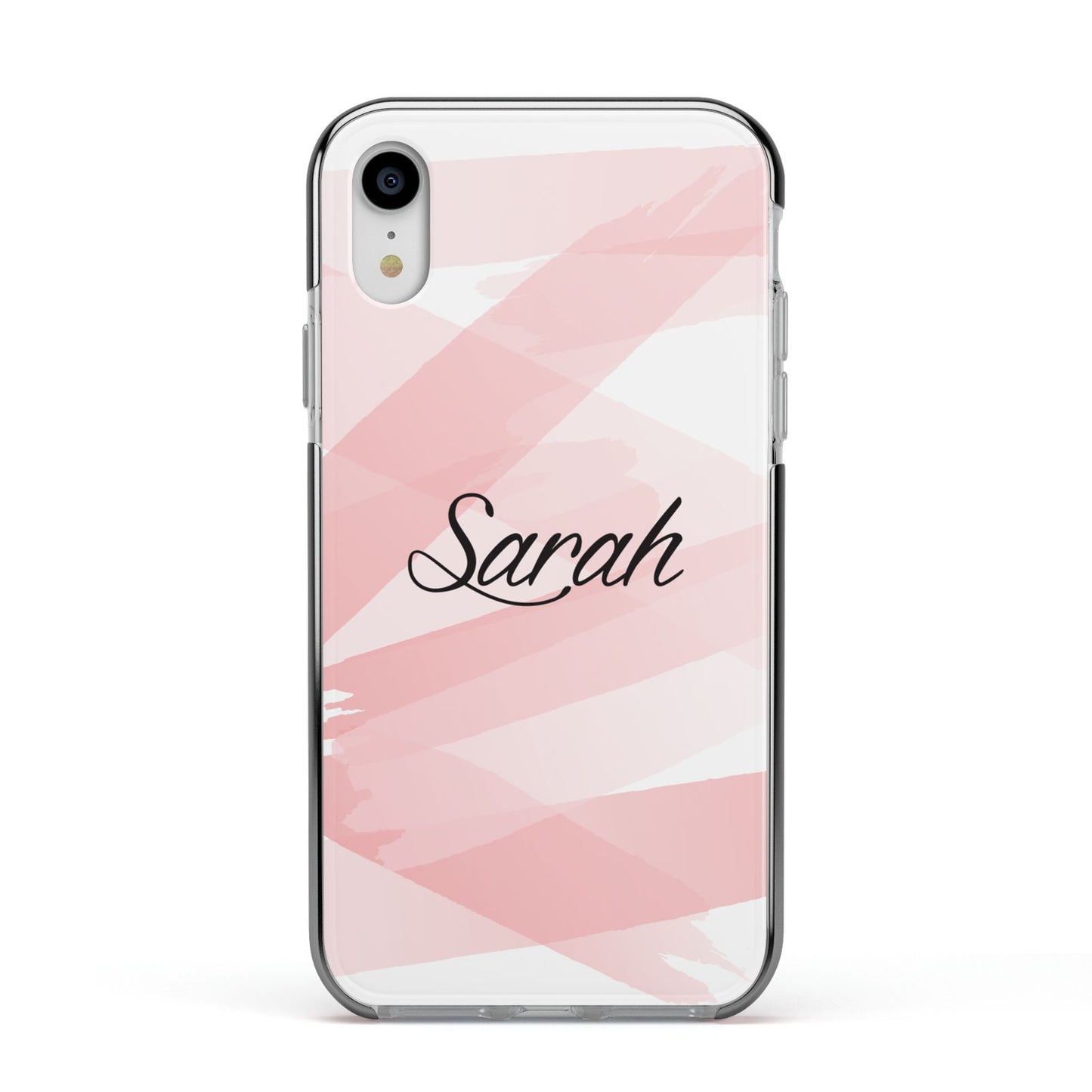 Personalised Pink Watercolour Name Apple iPhone XR Impact Case Black Edge on Silver Phone