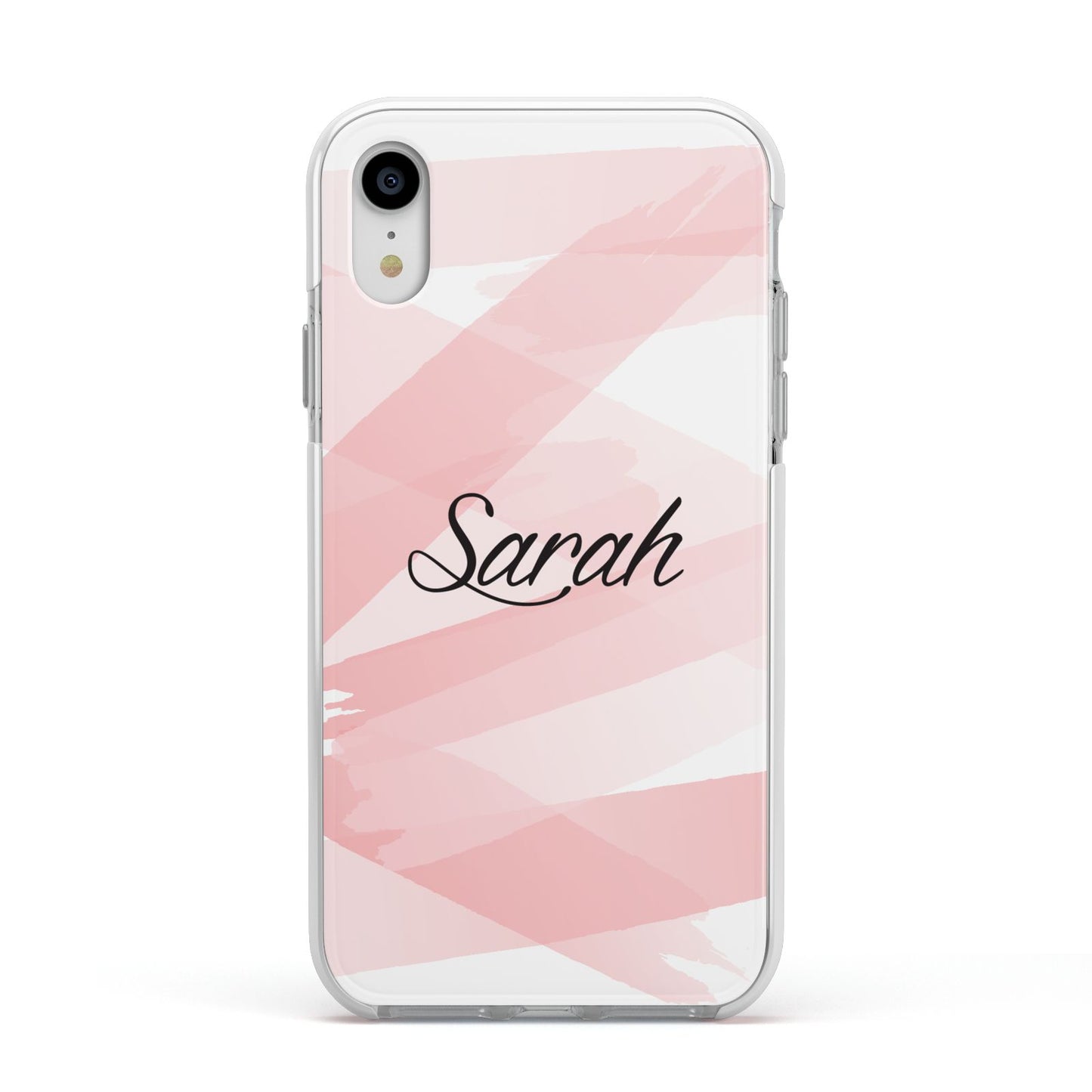 Personalised Pink Watercolour Name Apple iPhone XR Impact Case White Edge on Silver Phone