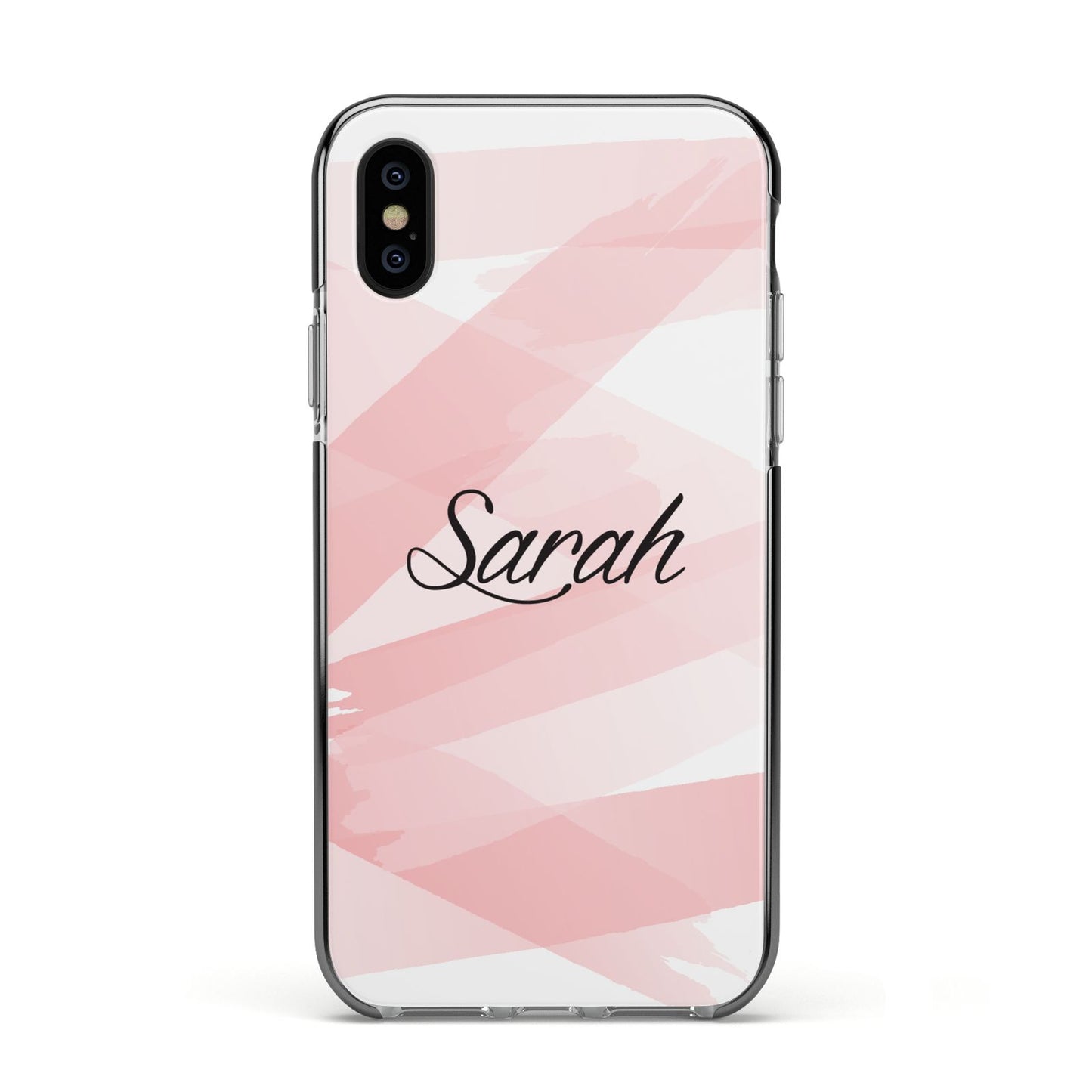 Personalised Pink Watercolour Name Apple iPhone Xs Impact Case Black Edge on Black Phone