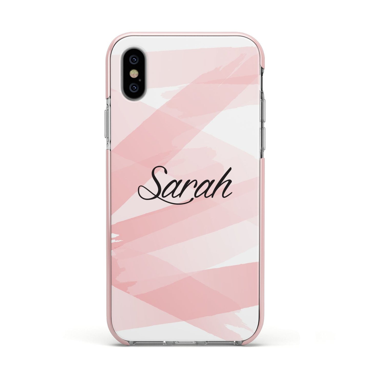 Personalised Pink Watercolour Name Apple iPhone Xs Impact Case Pink Edge on Silver Phone