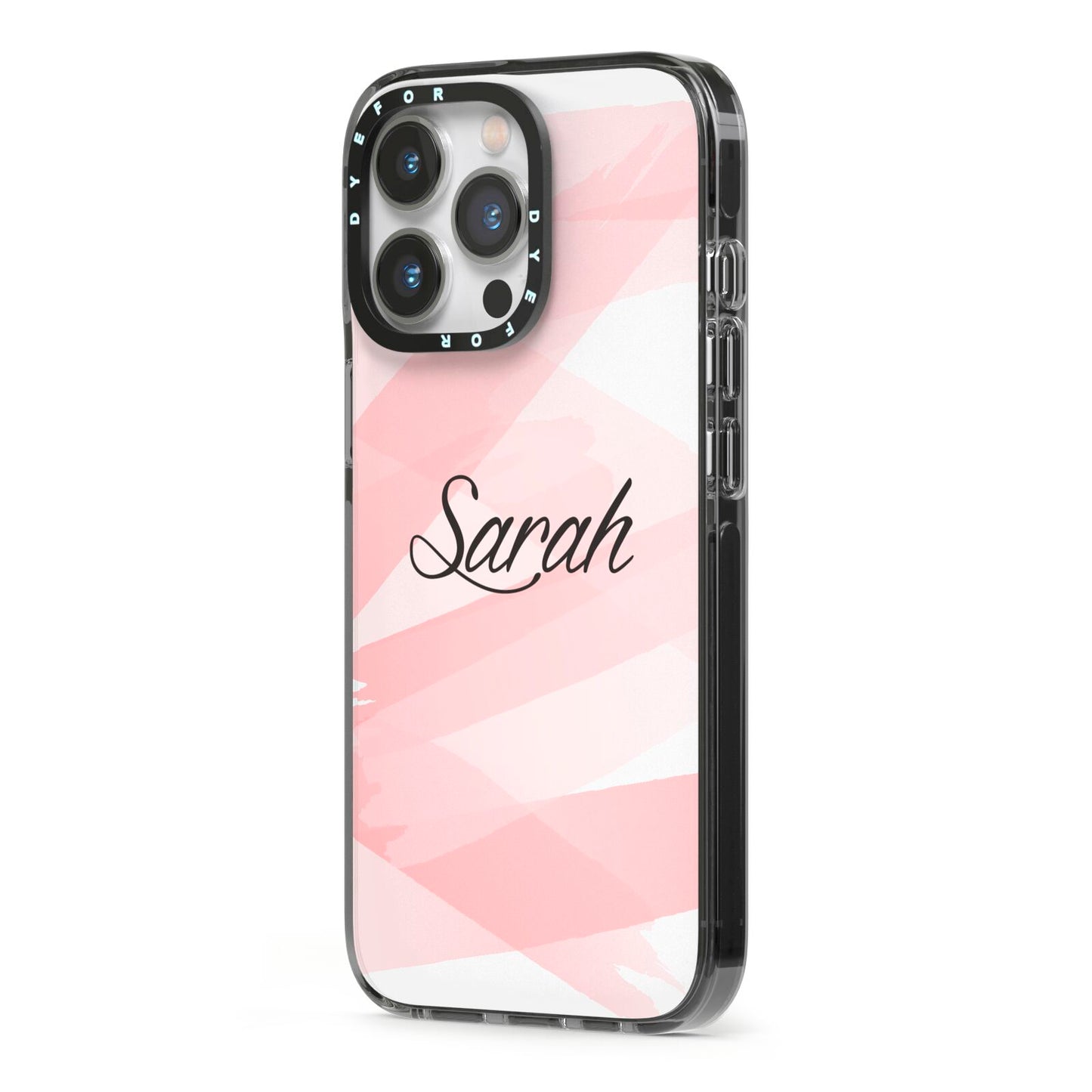 Personalised Pink Watercolour Name iPhone 13 Pro Black Impact Case Side Angle on Silver phone