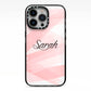 Personalised Pink Watercolour Name iPhone 13 Pro Black Impact Case on Silver phone