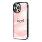 Personalised Pink Watercolour Name iPhone 13 Pro Max Black Impact Case Side Angle on Silver phone
