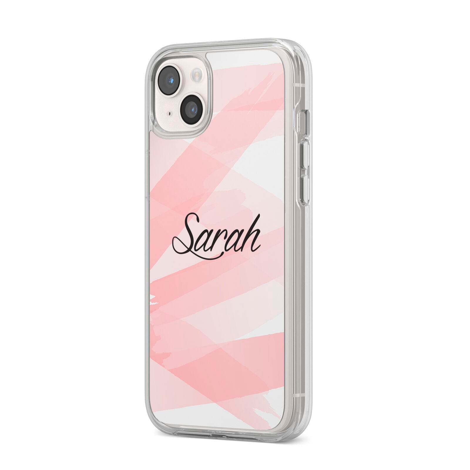 Personalised Pink Watercolour Name iPhone 14 Plus Clear Tough Case Starlight Angled Image