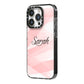 Personalised Pink Watercolour Name iPhone 14 Pro Black Impact Case Side Angle on Silver phone