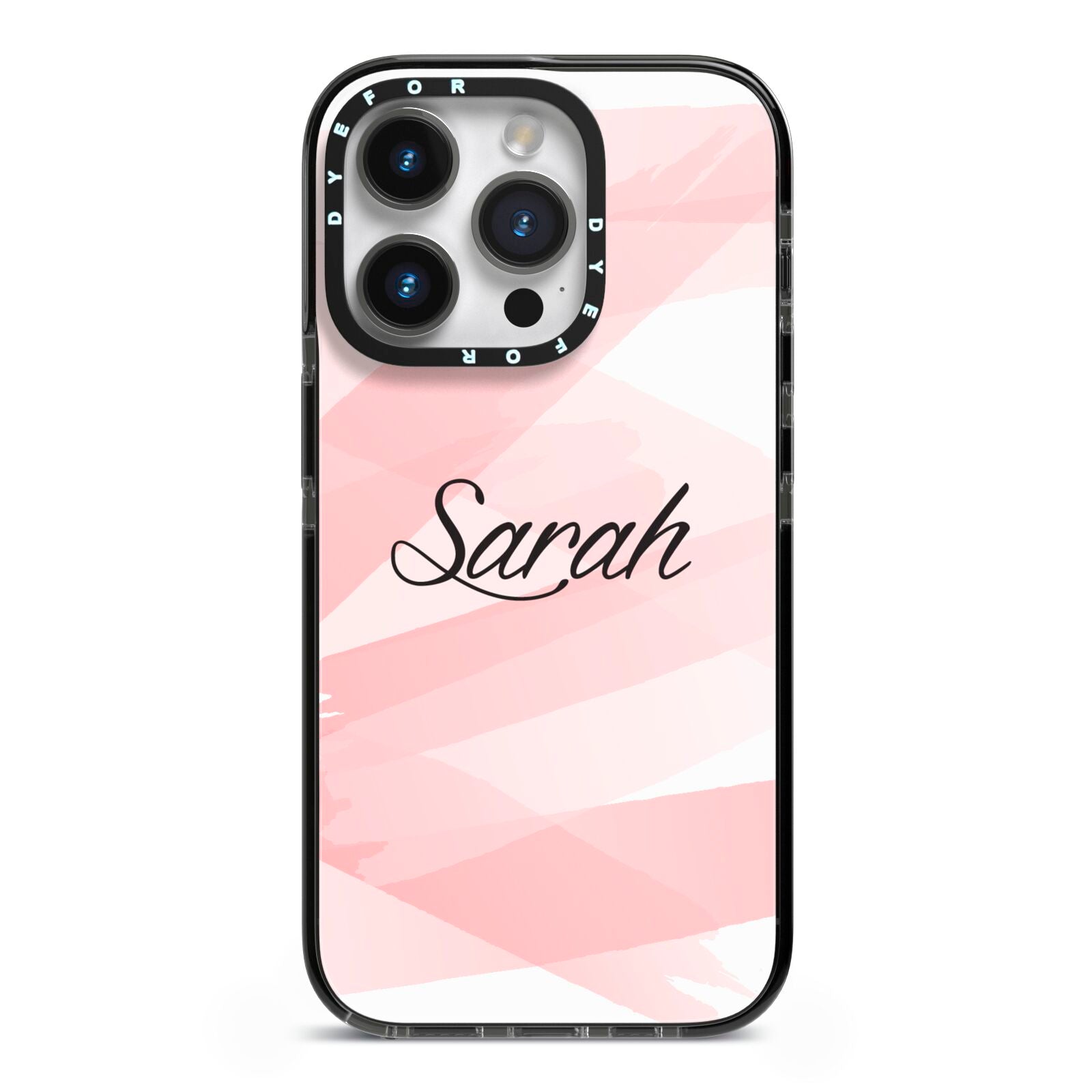 Personalised Pink Watercolour Name iPhone 14 Pro Black Impact Case on Silver phone