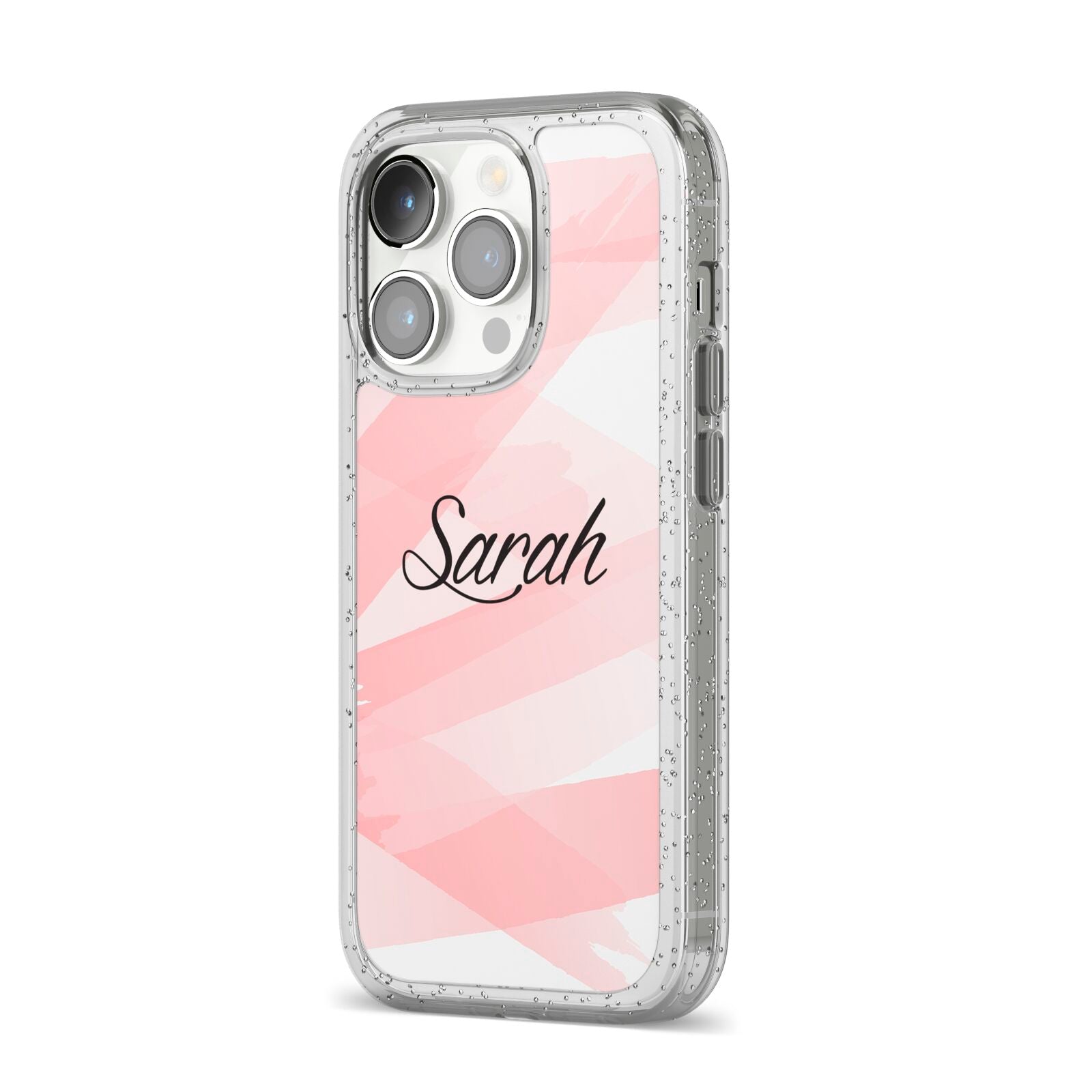 Personalised Pink Watercolour Name iPhone 14 Pro Glitter Tough Case Silver Angled Image
