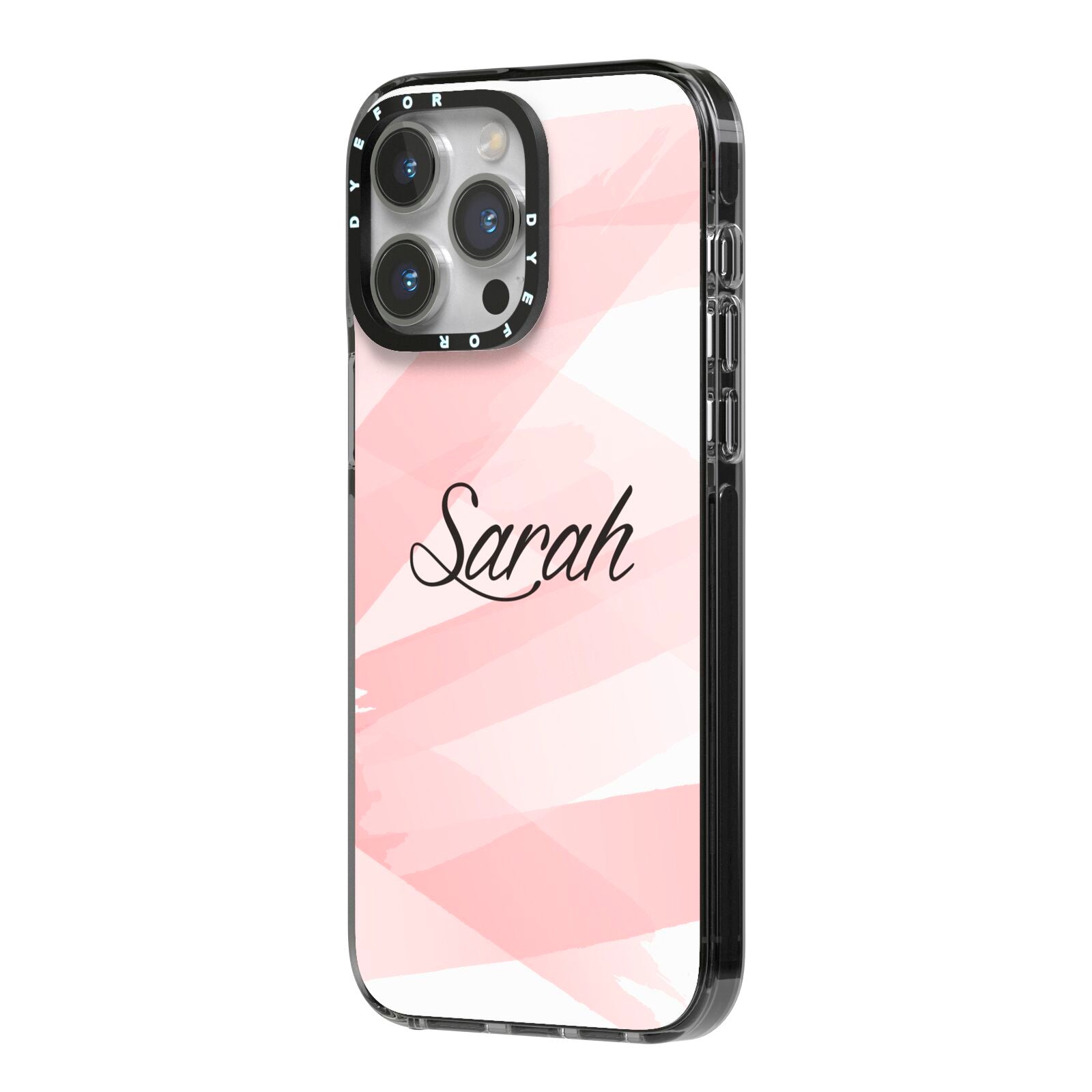 Personalised Pink Watercolour Name iPhone 14 Pro Max Black Impact Case Side Angle on Silver phone
