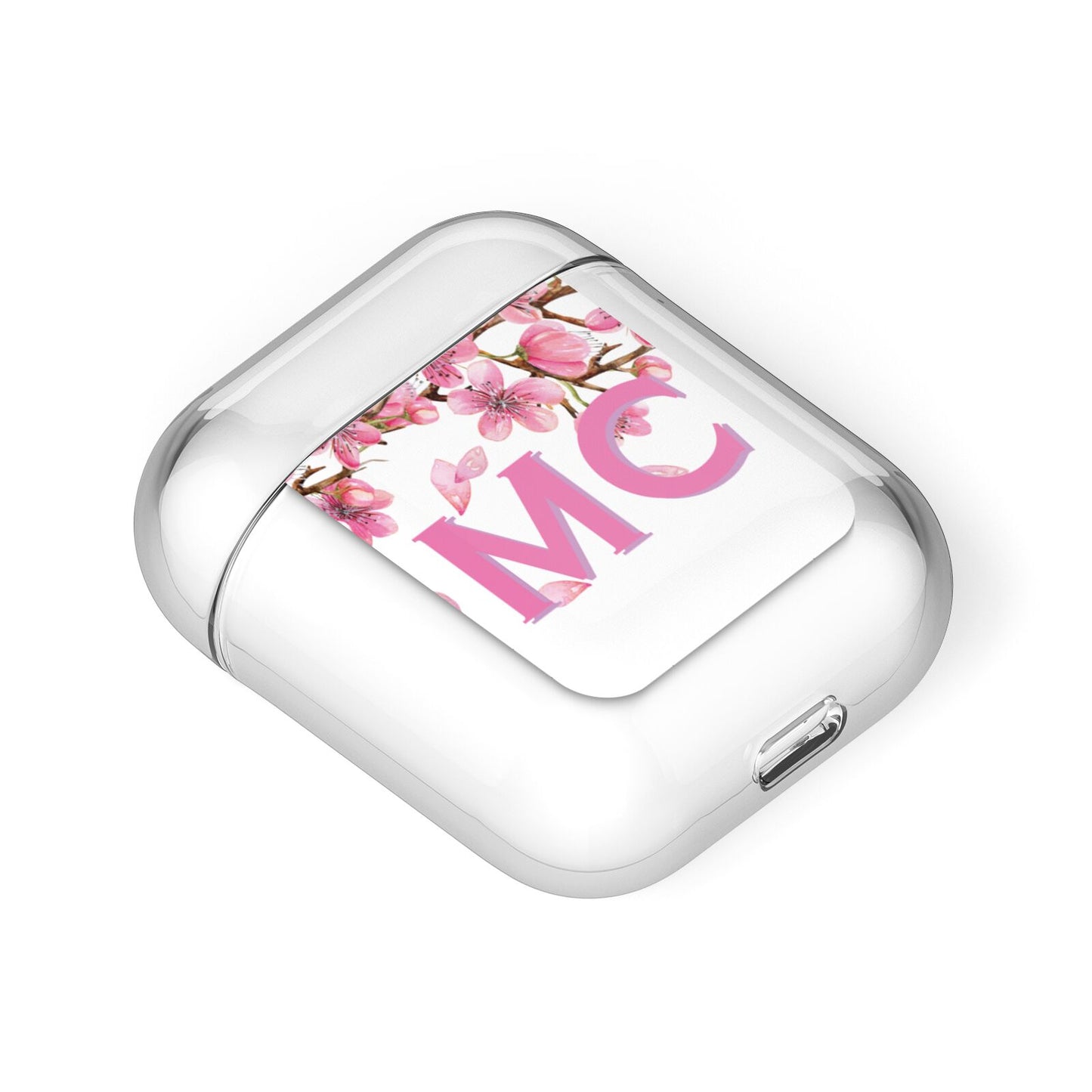 Personalised Pink White Blossom AirPods Case Laid Flat