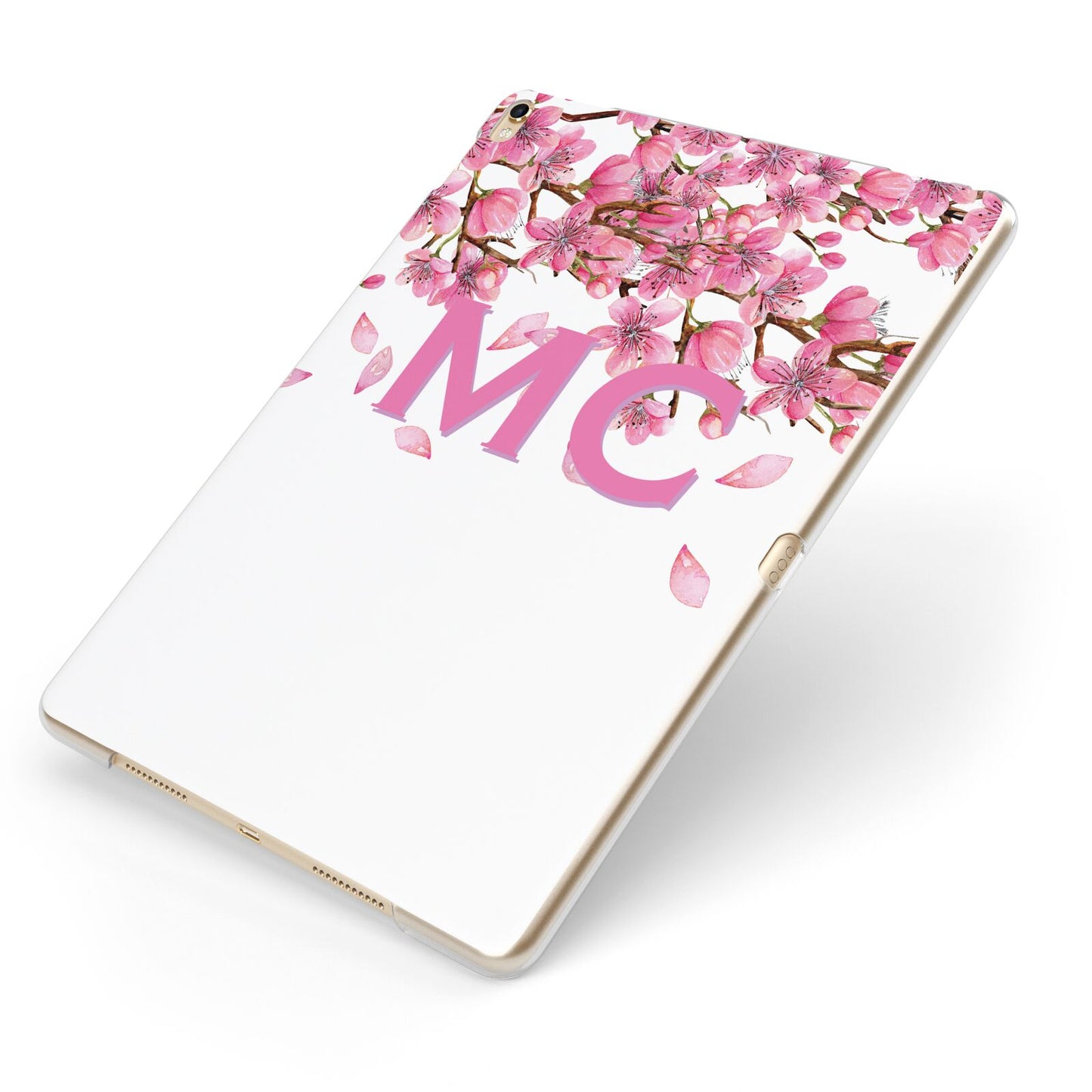 Personalised Pink White Blossom Apple iPad Case on Gold iPad Side View