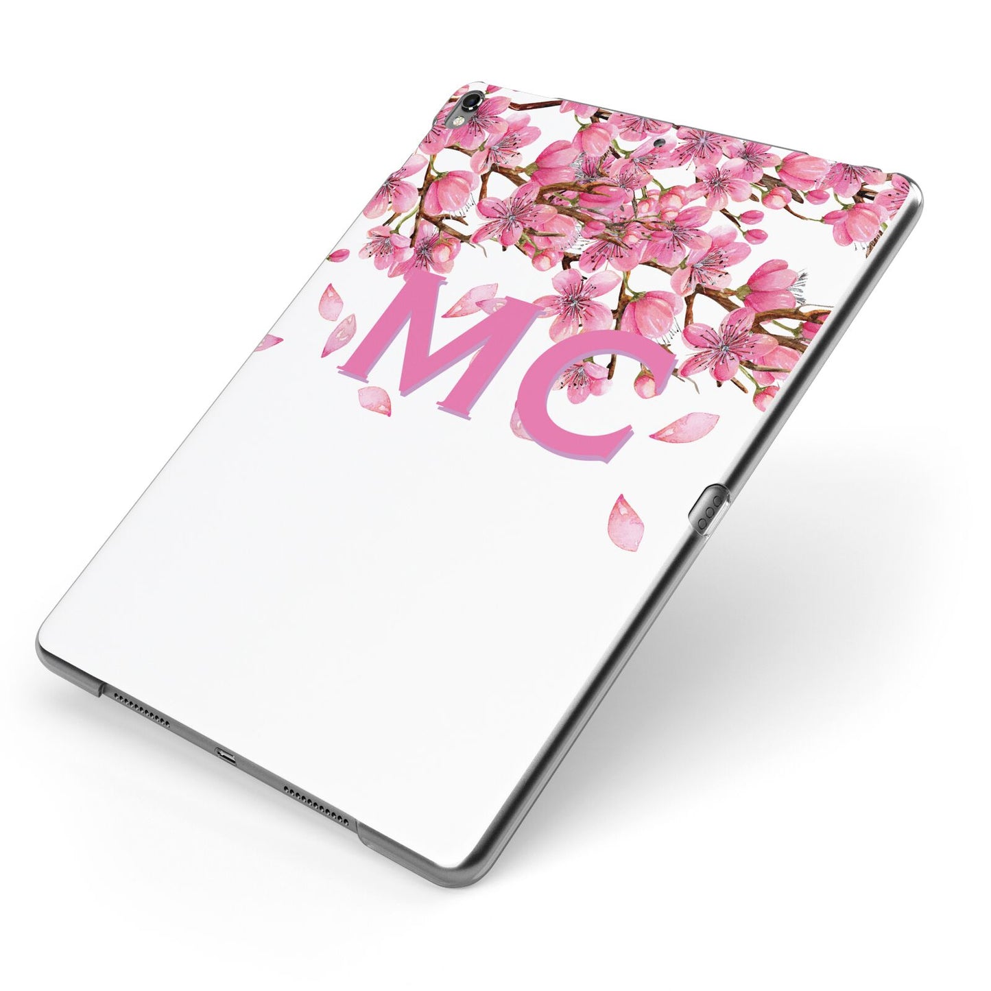 Personalised Pink White Blossom Apple iPad Case on Grey iPad Side View