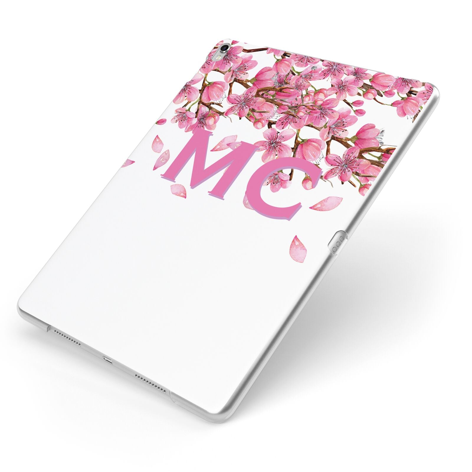 Personalised Pink White Blossom Apple iPad Case on Silver iPad Side View