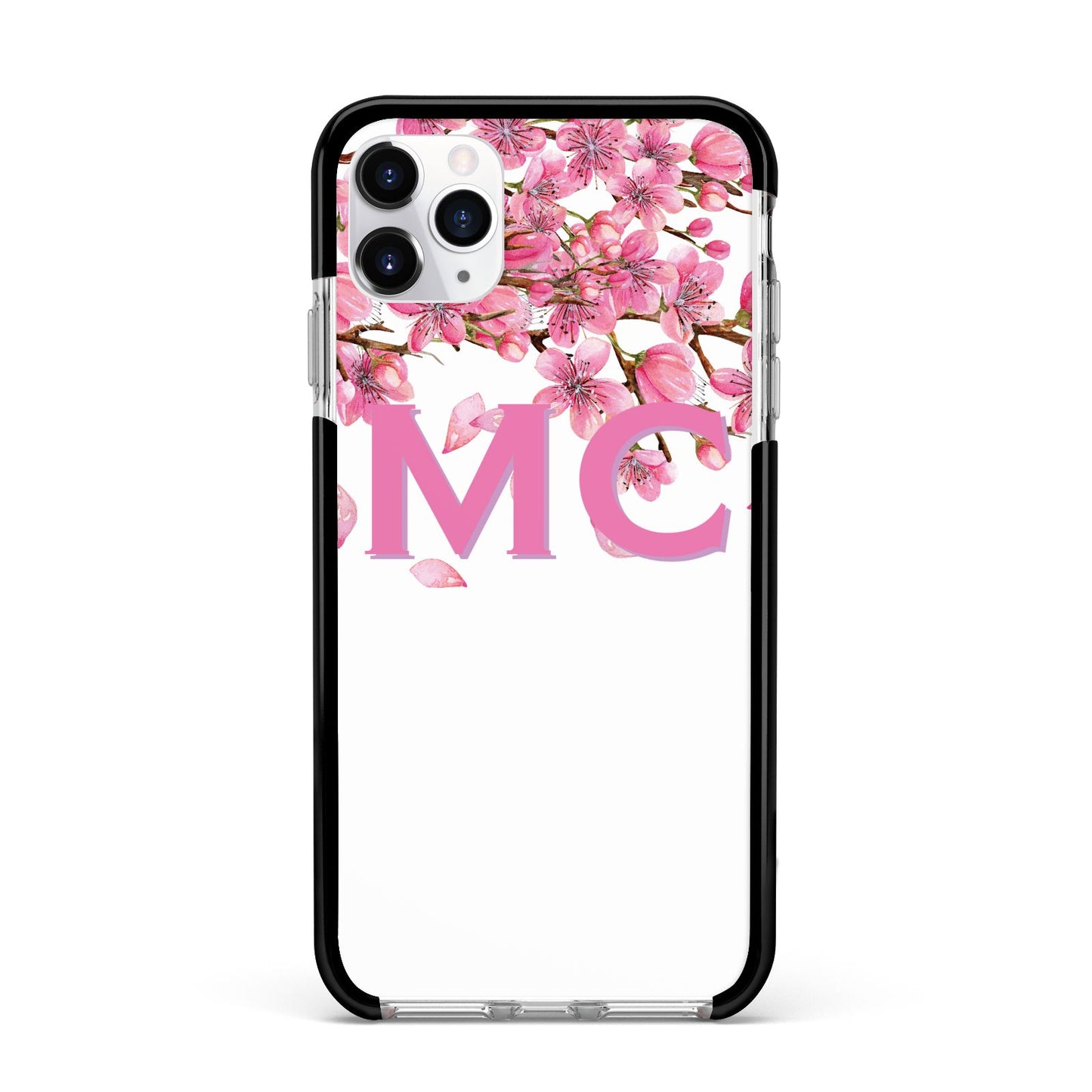 Personalised Pink White Blossom Apple iPhone 11 Pro Max in Silver with Black Impact Case