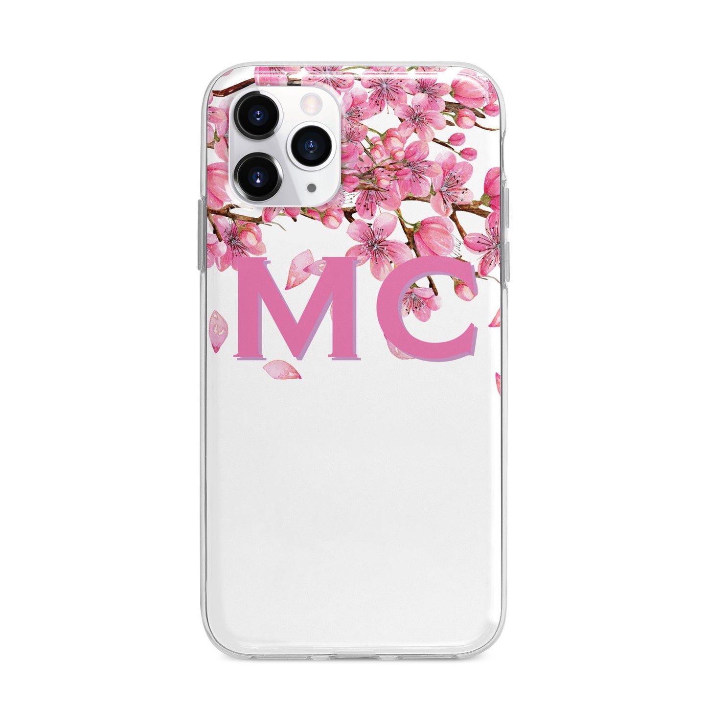 Personalised Pink White Blossom Apple iPhone 11 Pro Max in Silver with Bumper Case