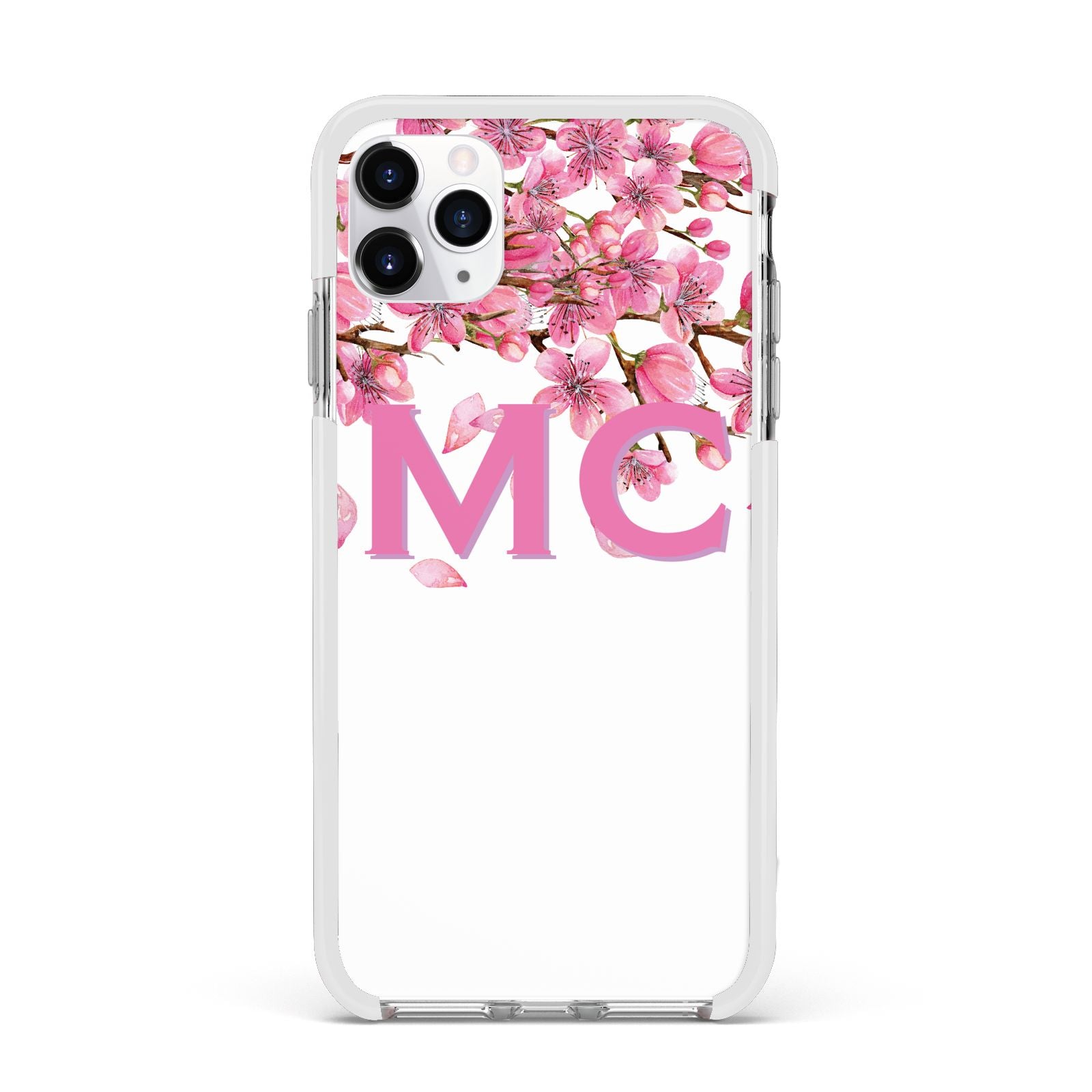 Personalised Pink White Blossom Apple iPhone 11 Pro Max in Silver with White Impact Case