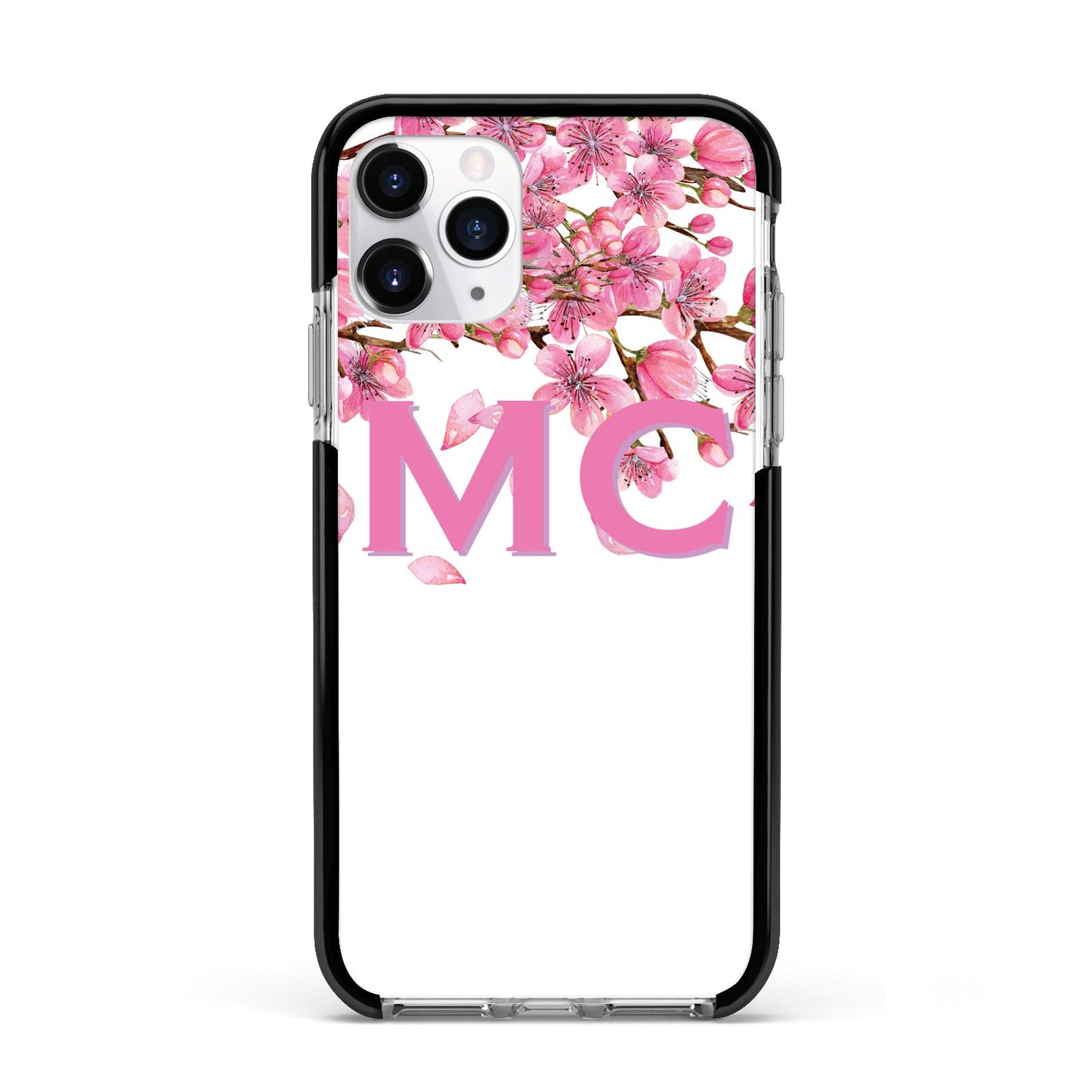 Personalised Pink White Blossom Apple iPhone 11 Pro in Silver with Black Impact Case