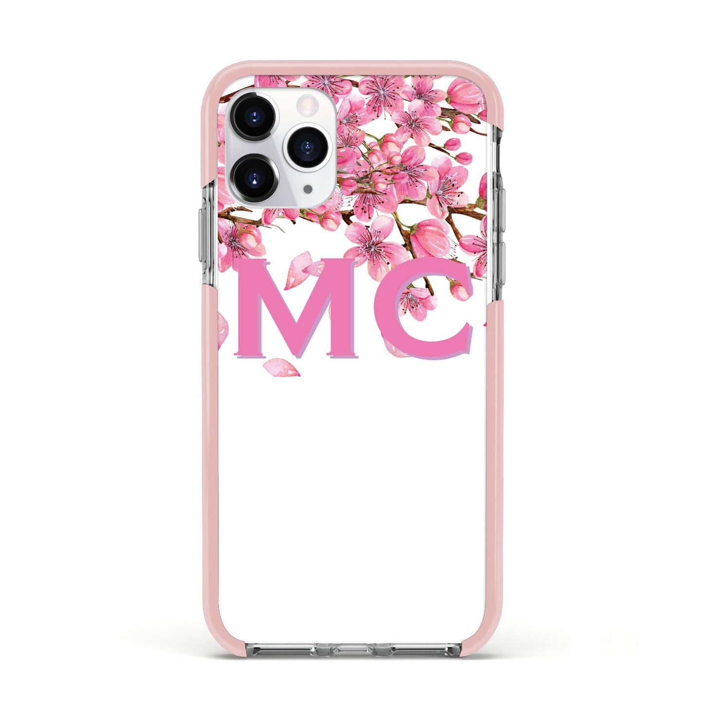 Personalised Pink White Blossom Apple iPhone 11 Pro in Silver with Pink Impact Case