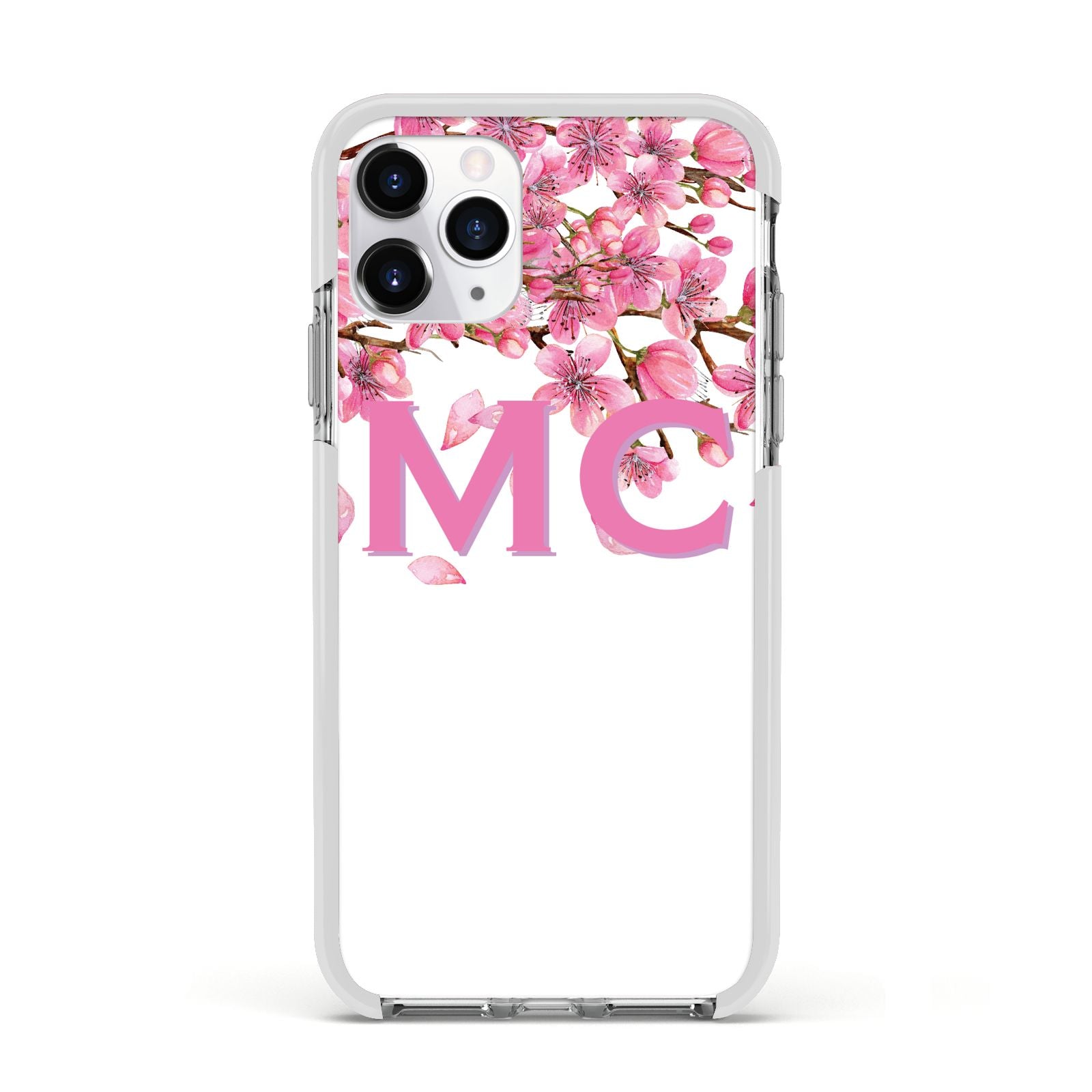 Personalised Pink White Blossom Apple iPhone 11 Pro in Silver with White Impact Case