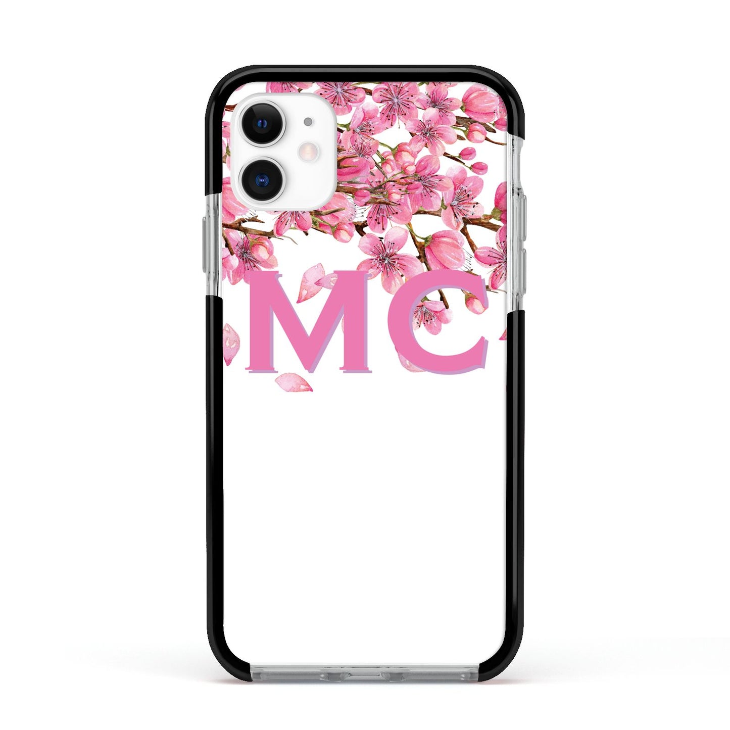 Personalised Pink White Blossom Apple iPhone 11 in White with Black Impact Case