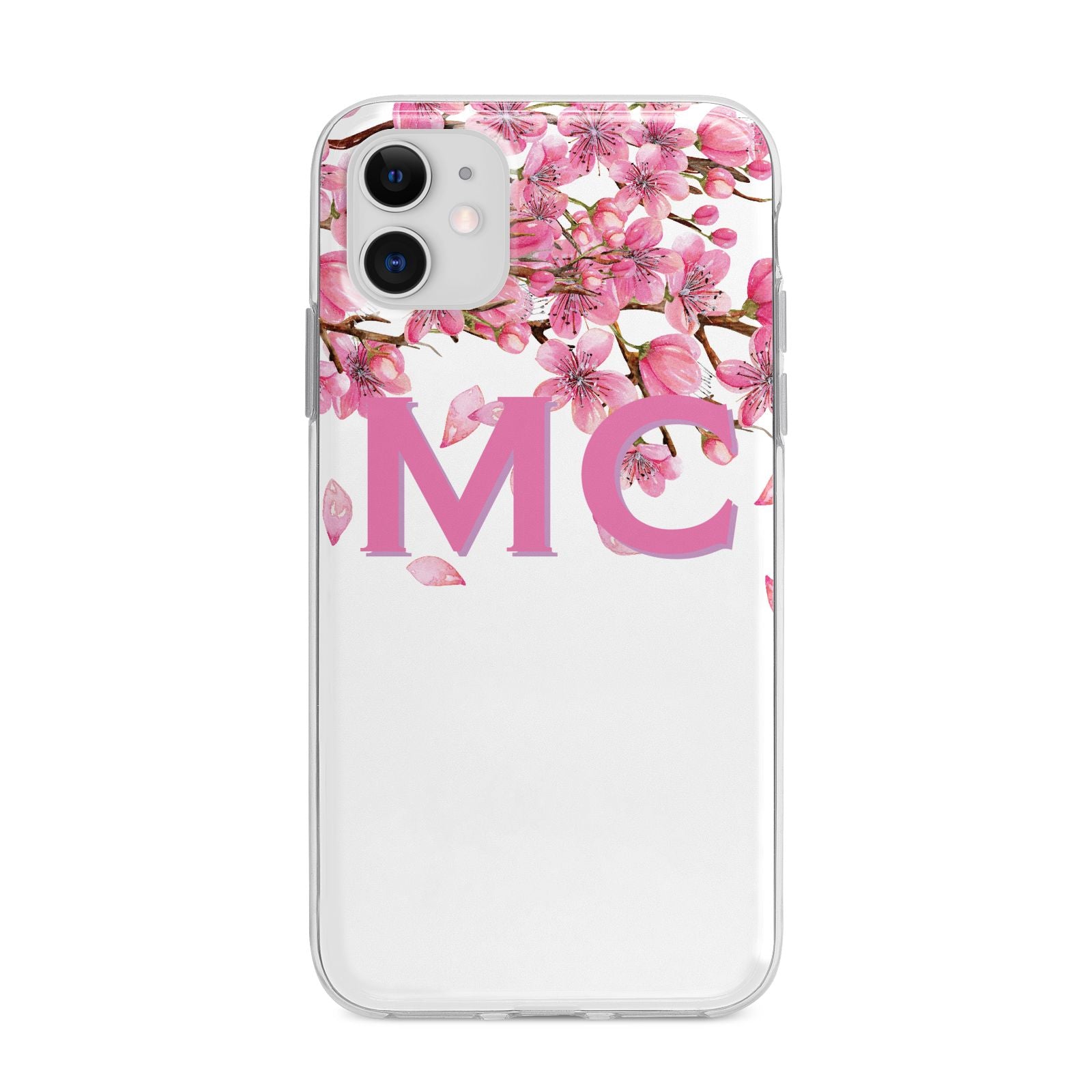 Personalised Pink White Blossom Apple iPhone 11 in White with Bumper Case