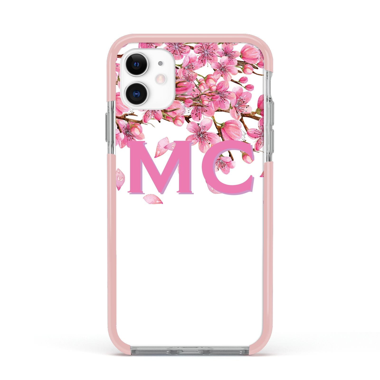 Personalised Pink White Blossom Apple iPhone 11 in White with Pink Impact Case