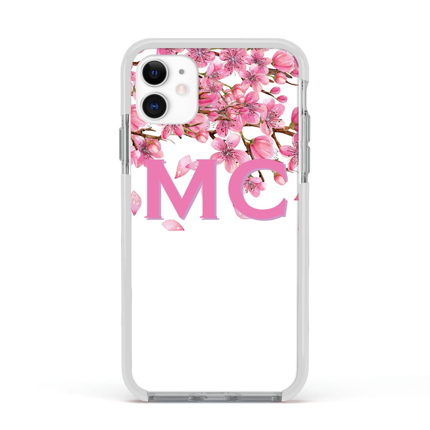 Personalised Pink White Blossom Apple iPhone 11 in White with White Impact Case